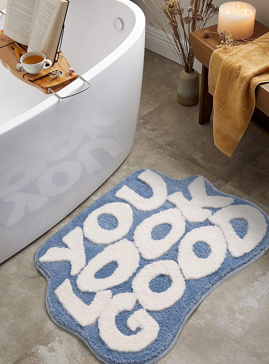 ELDONE You Look Good Bath Mat - Cute Light Blue Bathroom Rugs Non Slip Washable, Bathroom Decor, Bedroom Decor Aesthetic, Funny Funky Trendy Blue and White Bathroom Mats 25" x 21"