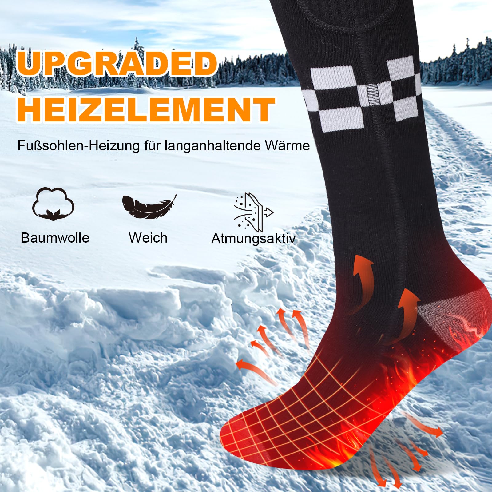 Chaussettes Chauffantes Rechargeables pour Hommes Femmes, 5000mAh Chaussette Chauffante Électrique avec Chauffage Semelle, 3 Niveaux Température, Lavables pour Ski Camping Randonnée Hiver