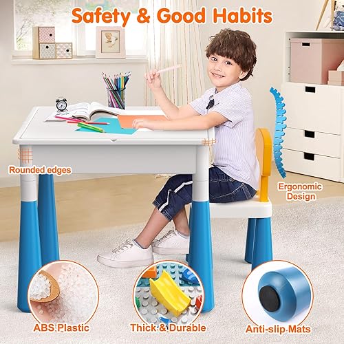 Miniatura 7 de Arscniek Mesa de actividades para niños pequeños 7 en 1, juego de mesas de actividades y sillas con 152 bloques de construcción grandes de mármol,