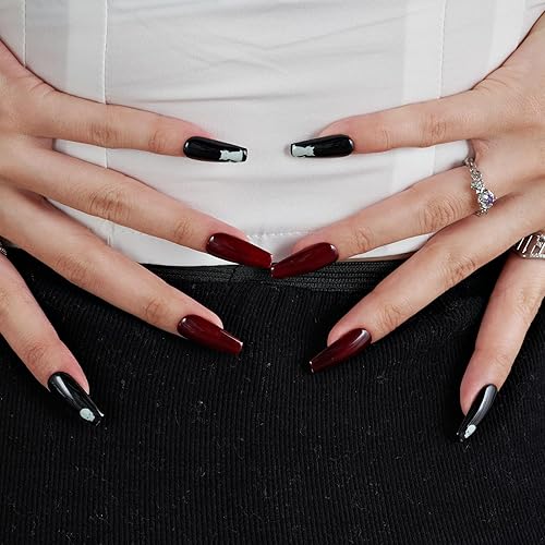 Miniatura 6 de Luminous GLAMERMAID Winter Press on Nails Conffin, Handmade Gel Fake Nails Long, Gothic Emo Nails with Skull Ghost Design, Cartoon False Nails for