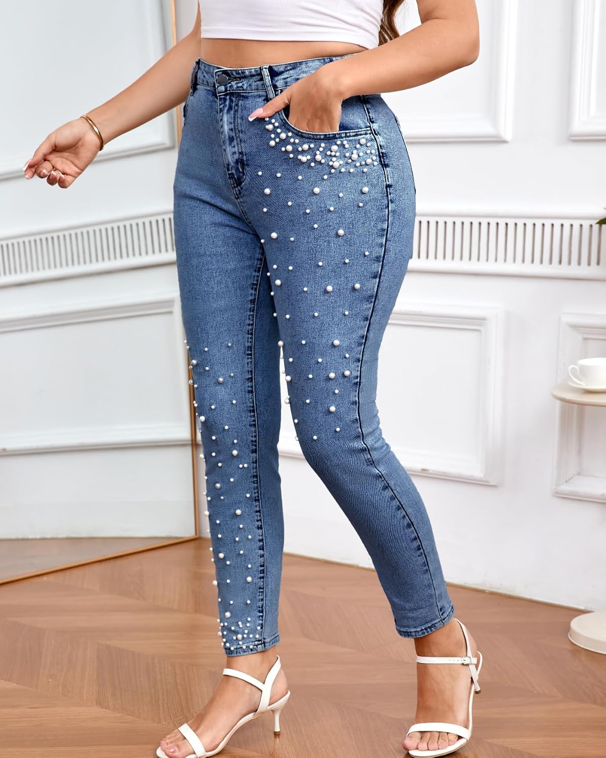 Pearls Skinny Jeans for Women High Waist Stretchy Trendy Slimming Jeggings Denim Pants - Image 3