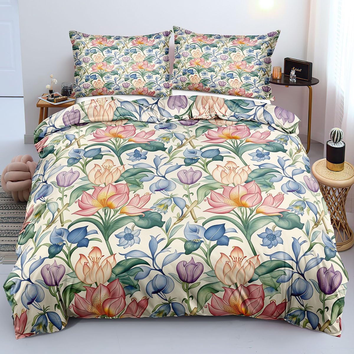 Housse de couette 140x200 douce qui ne bouloche pas parure de lit florale réversible