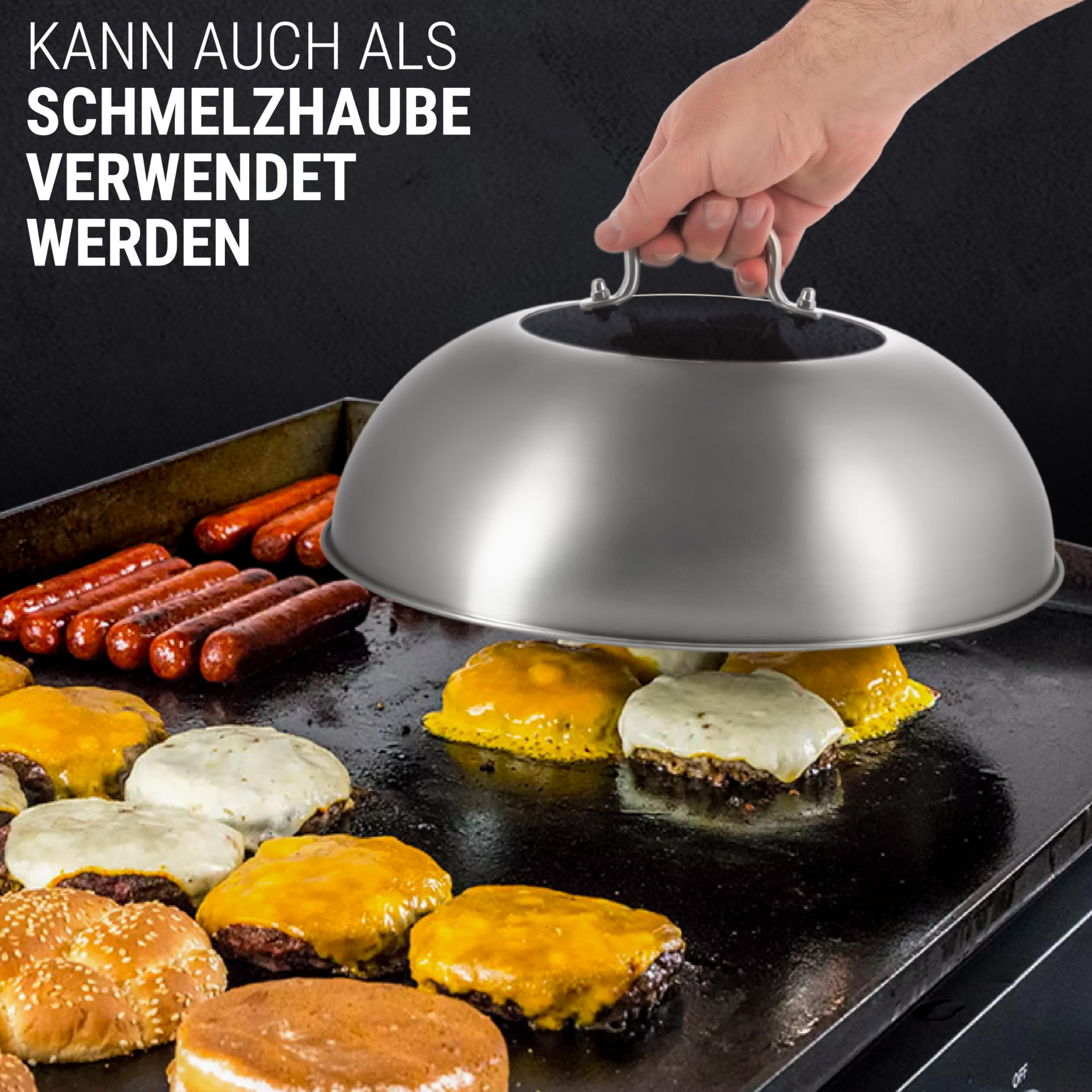 YOSUKATA Wok-Deckel 34,5 cm -Wokdeckel mit Gehärtetem Glas und Dampflöchern | Abdeckung für 36 cm Wokpfanne - Grill- und Käse-Schmelzkuppell - 304 Edelstahl Wok-Zubehör Spülmaschinenfest
