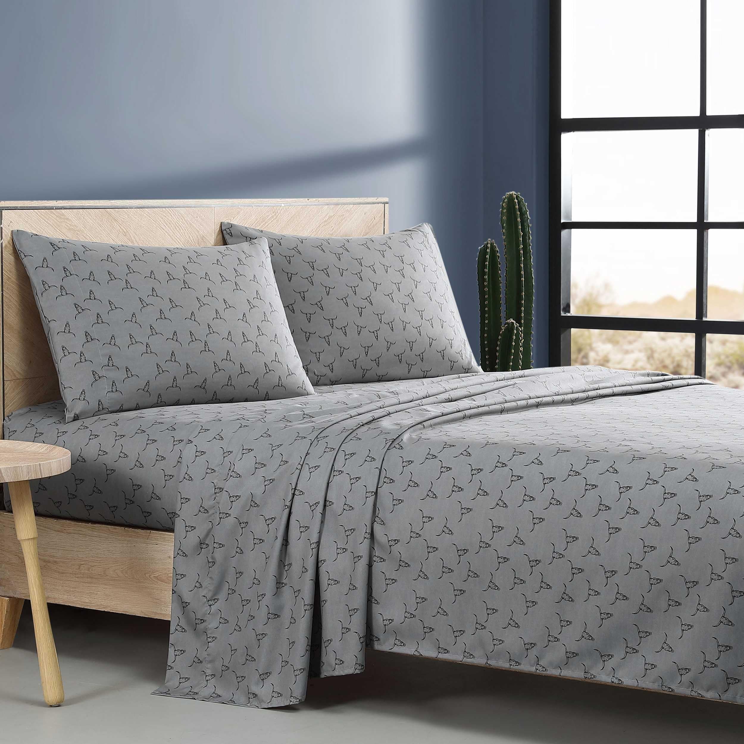 Wrangler Set Lenzuola Queen Size - Ispirato A Yellowstone - Microfibra Traspirante, Elasticizzato (Blu Cactus Toile)
