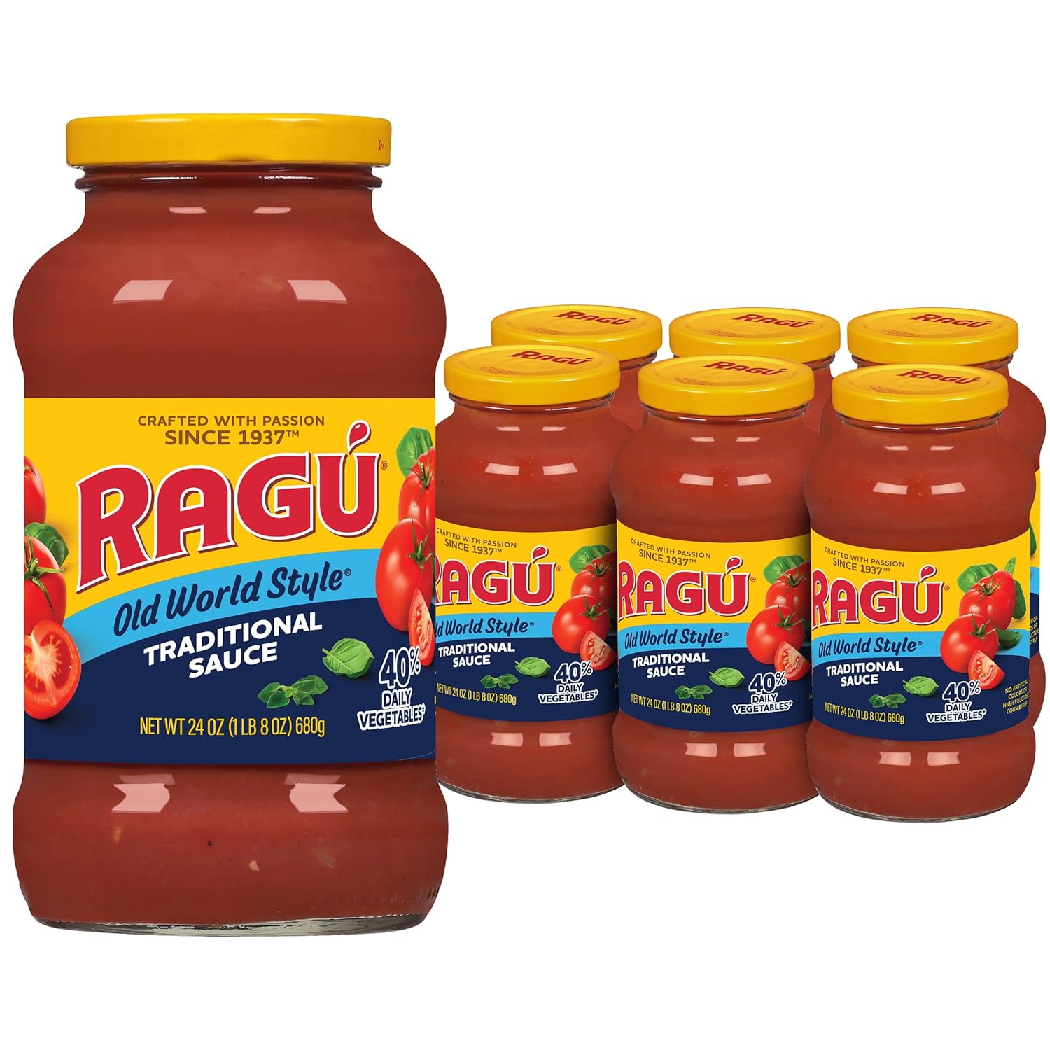 RAGÚ Old World Style Traditional Spaghetti Sauce, 24oz Glass Jars, Pack of 6 - Authentic Italian Tomato Flavor