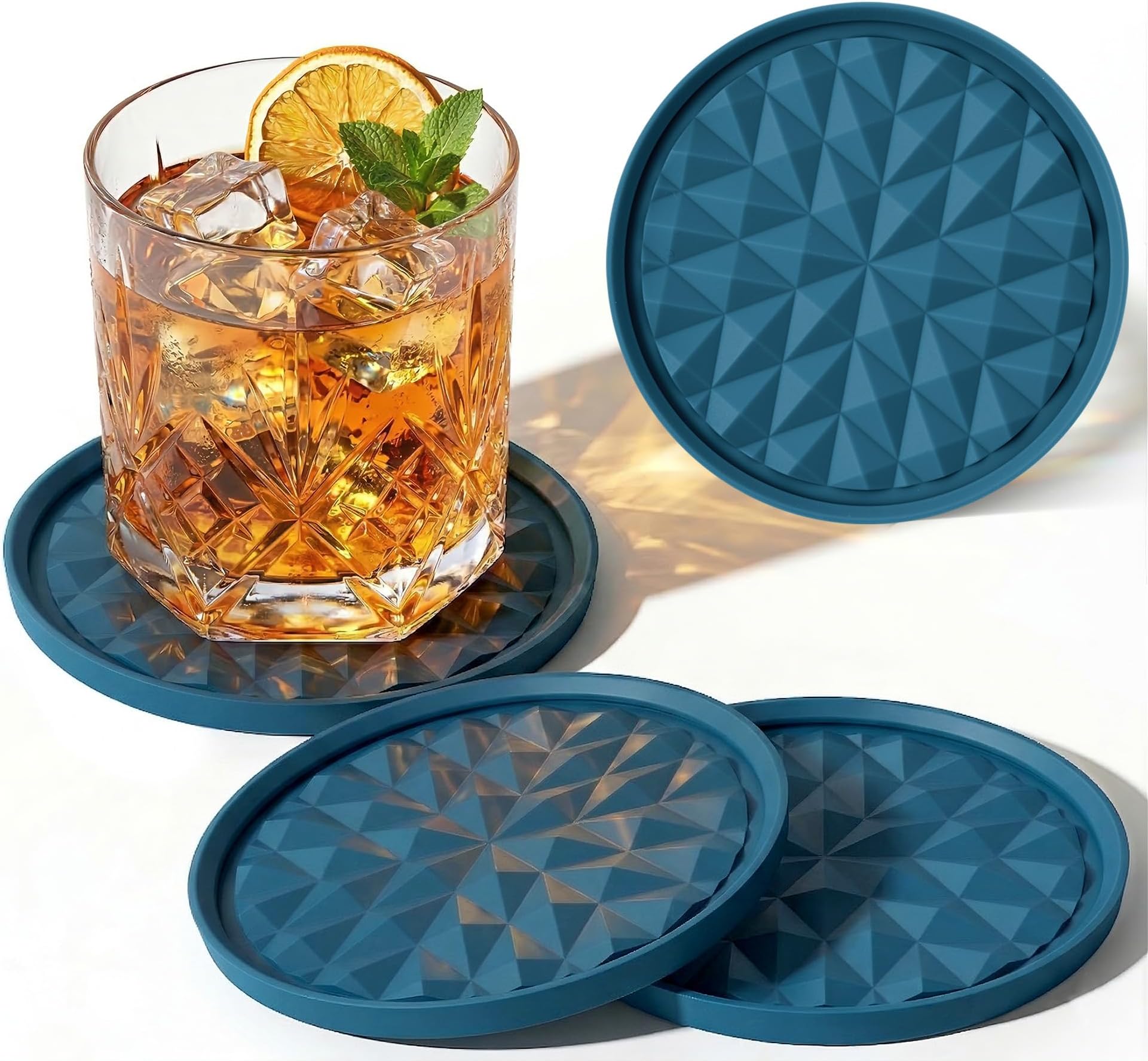 Silicone Coasters for Drinks[4 Pack]- Cup Mat for Tabletop Protection-Non-Slip, Non-Stick, Coffee Table Decor, Great Gift for Father’s Day, Dark Blue