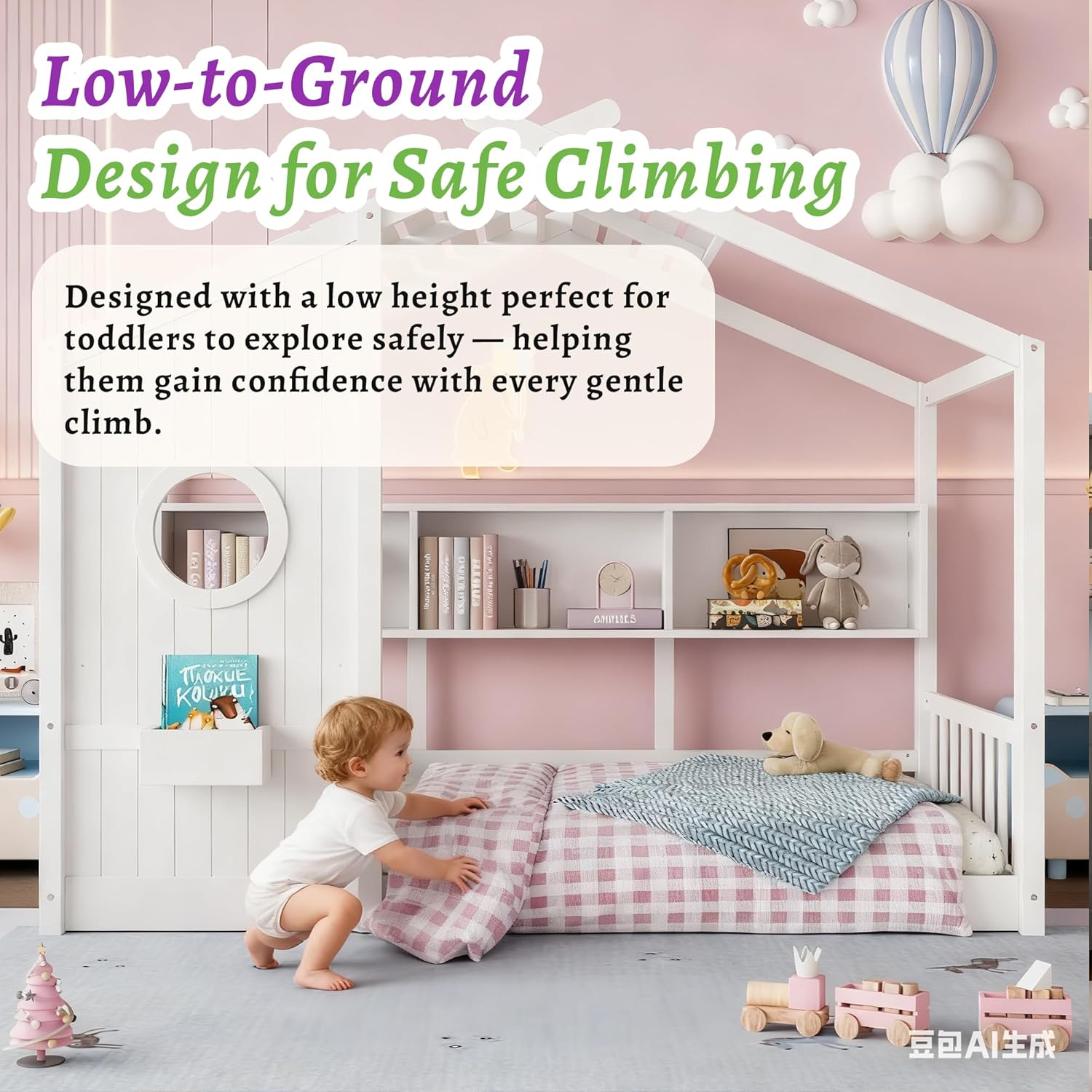 Toddler safely climbing into the low-to-ground Montessori bed.