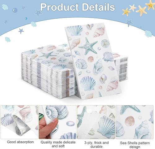 Miniatura 3 de Funrous 200 servilletas de conchas marinas a granel de 3 capas de verano para invitados, servilletas de mano con mar y océano, servilletas costeras