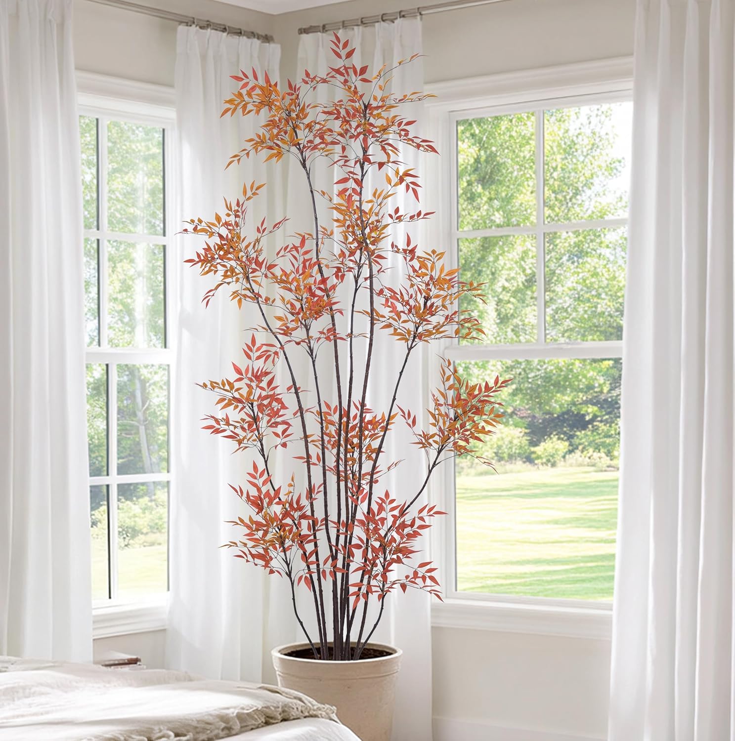 Artificial Red Nandina Domestica Tree 7FT with 1573 Leaves & 11 Heads Mahonia Fortunei Tall Large Fake Faux Tropical Plant 84 Inch Black Pot for Indoor Home Office Store Corner Modern Decor