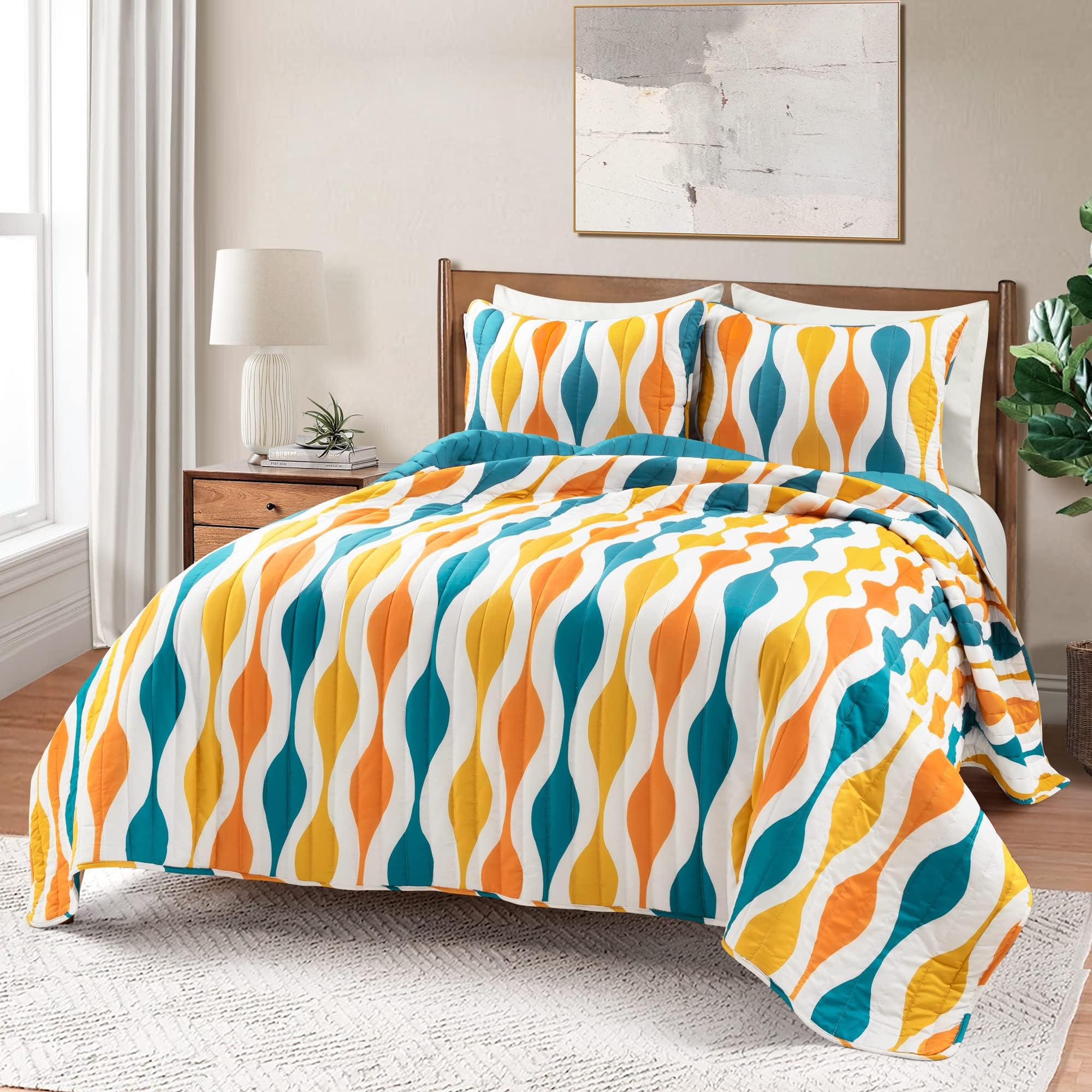 Lush DecorMid Century Geo 3 Piece Quilt Set, King, Turquoise & Orange