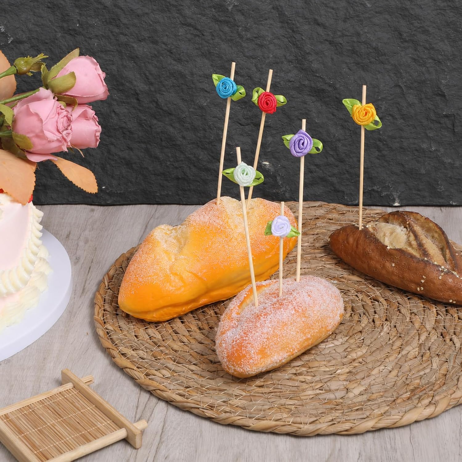100 Pcs Rose Flower Cocktail Picks 4.7 Inch Multicolor Long Bamboo Fancy Toothpicks Handmade Flower Appetizer Skewers Cute Flowers Toothpick for Decorative Wedding Appetizers Food Fruit and Drink
