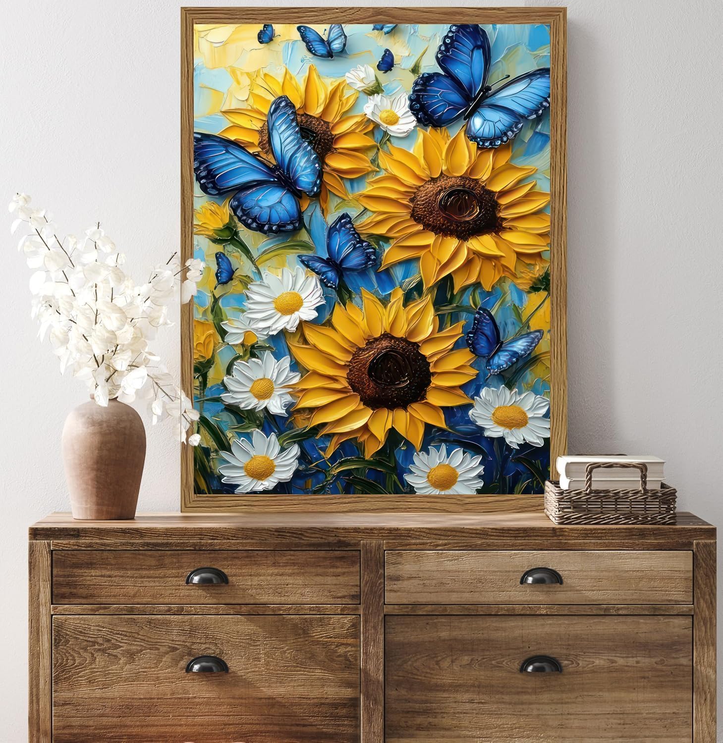 2D Oil Blue Butterfly Canvsa Wall Art, Sunflower Painting Poster Wall Decor,Daisy Print Picture for Living Room Bathroom Bedroom Home Decoration 16*24 IN(Stretched Canvas on A Wooden Frame)