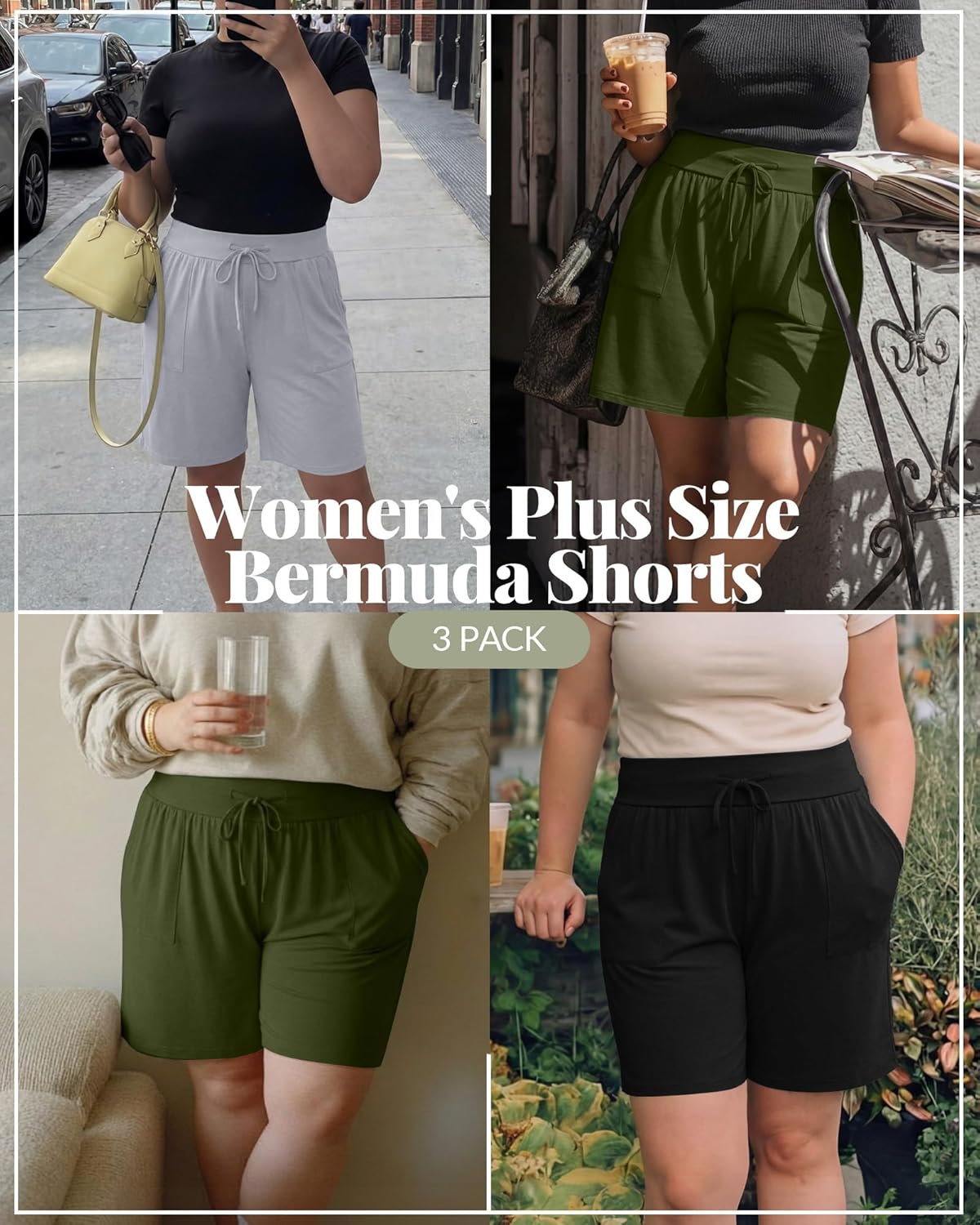 3 Pack Women's Plus Size Bermuda Shorts Drawstring High Waisted Long Yoga Casual Athletic Bottom with Pockets - Image 2