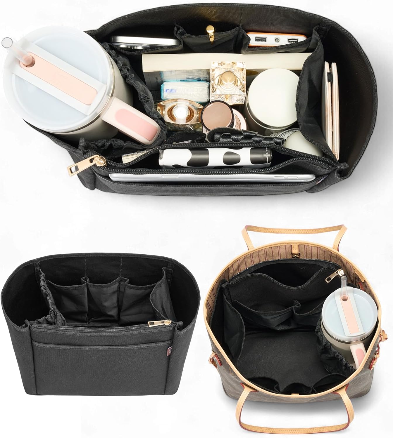 TOVICE Tote Bag Organizer Insert with Stanley Cup Holder and Zipper Bag, Compatible with Neverfull, Saint Louis and More, 9 Pockets (Black, Large)