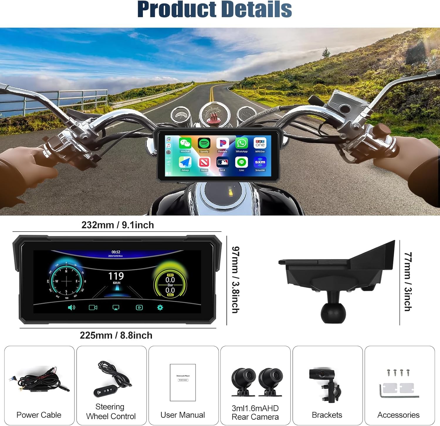 CAMECHO Cámara de salpicadero para motocicleta, pantalla Carplay y Android Auto para motocicleta, Carplay Moto, IP68 impermeable, pantalla táctil de 8.1 pulgadas para motocicleta, Carplay inalámbrica