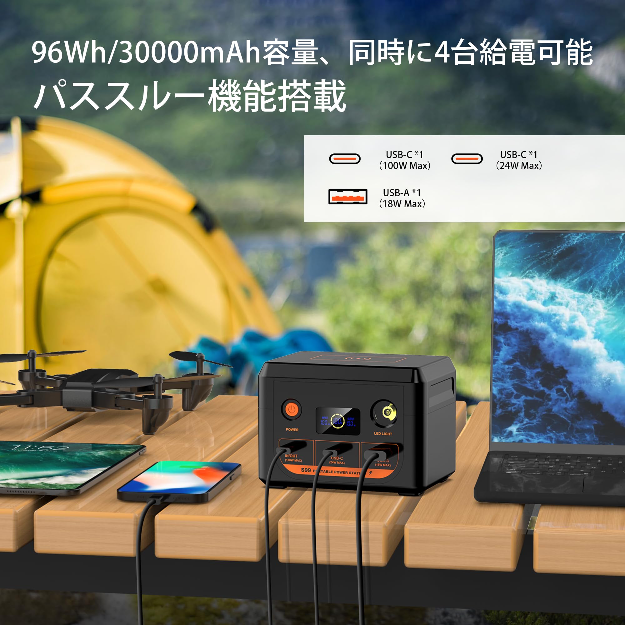 Amazon.co.jp: ポータブル電源 96Wh/30000mAh 大容量 ぽーたふる