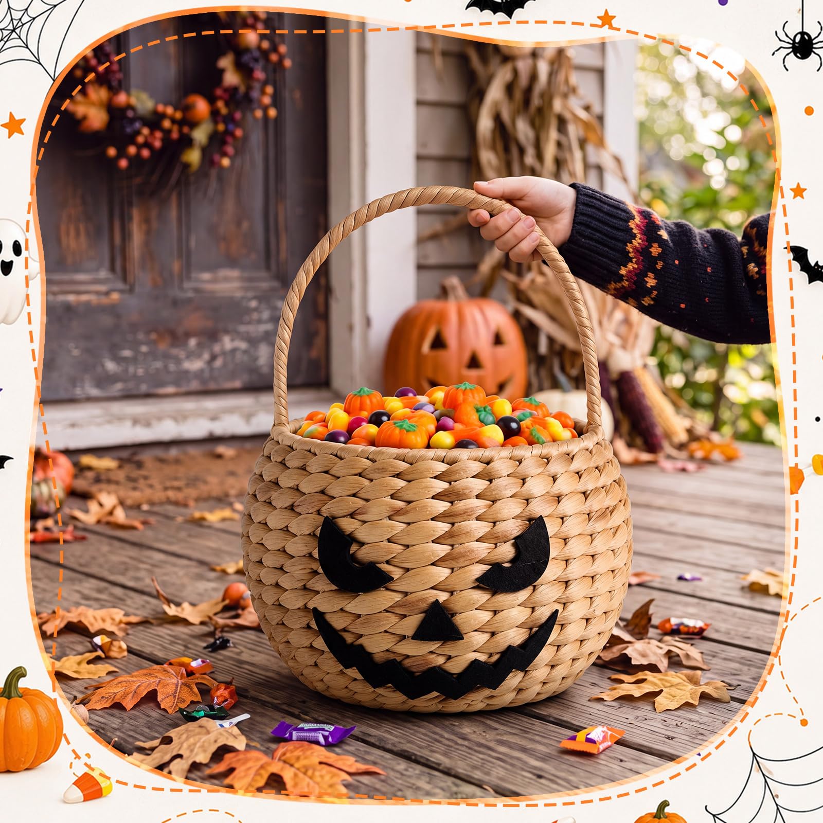 Kathfly Cesta de calabaza de jacinto de agua con asa, 9 x 7 x 5 pulgadas, cesta de almacenamiento de calabaza tejida a mano para dulce o truco, almacenamiento de dulces, fiesta de Halloween