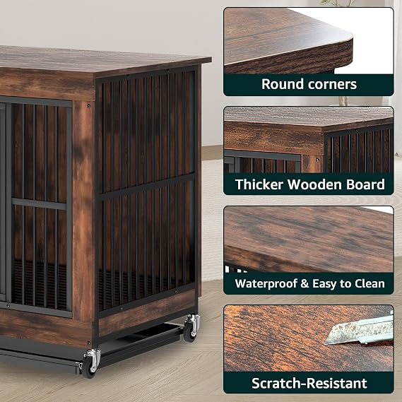 98cm Extra Tall Dog Crate Furniture, Large Wooden Dog Kennel with Removable Top, Indoor Side Table Heavy Duty Pet House, for Medium Large Dogs, with Pull-Out Tray, 98 x 67 x 89 cm, Walnut Brown