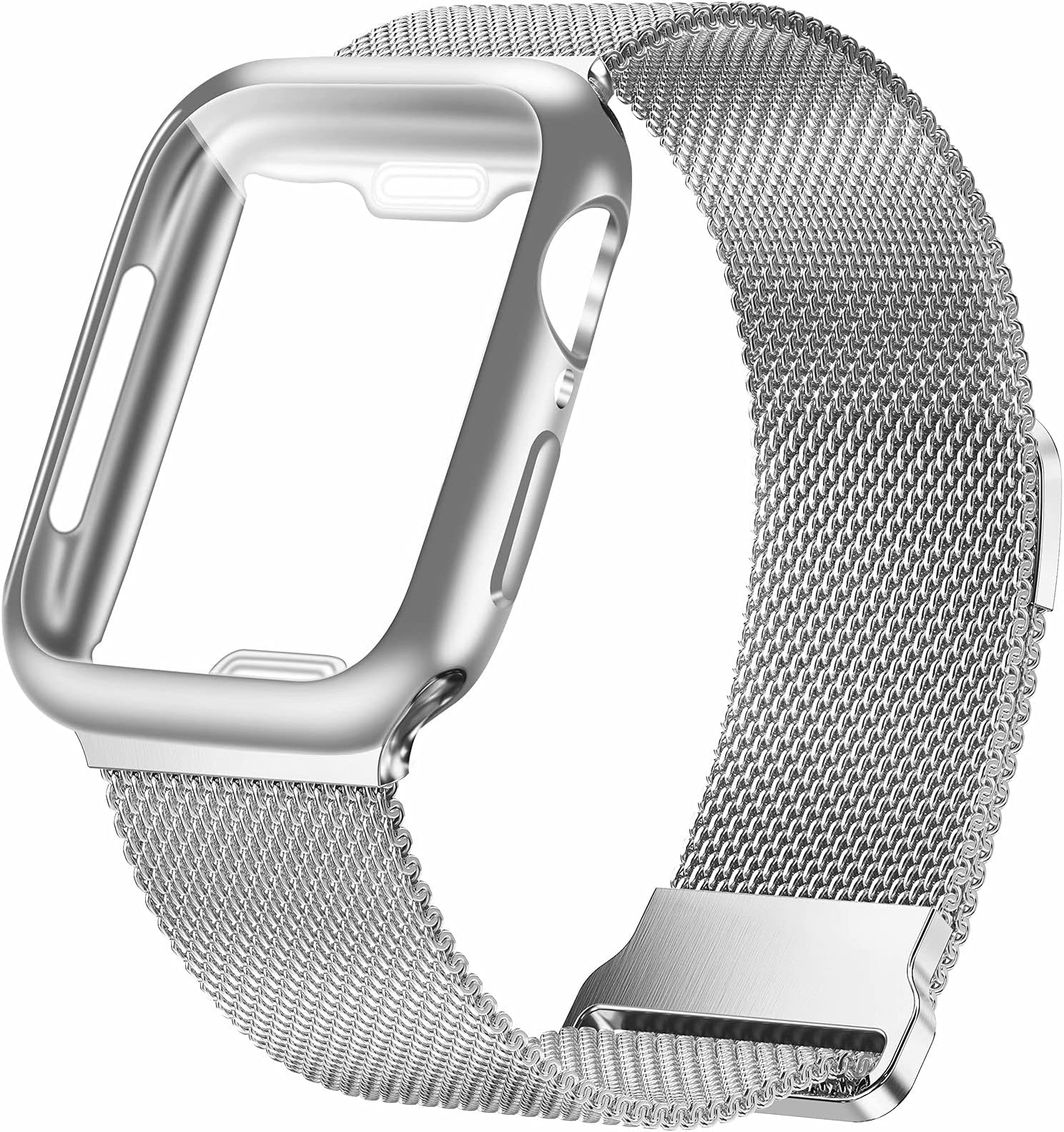 Geoumy Metal Magnetic Bands Compatible for Apple Watch Band 38mm with Case, Stainless Steel Milanese Mesh Loop Replacement Strap Compatible with iWatch Series SE 11-1 for Women Men,Silver