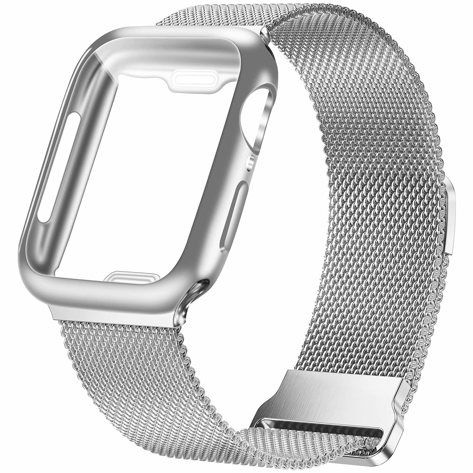 Geoumy Metal Magnetic Bands Compatible for Apple Watch Band 38mm with Case, Stainless Steel Milanese Mesh Loop Replacement Strap Compatible with iWatch Series SE 11-1 for Women Men,Silver