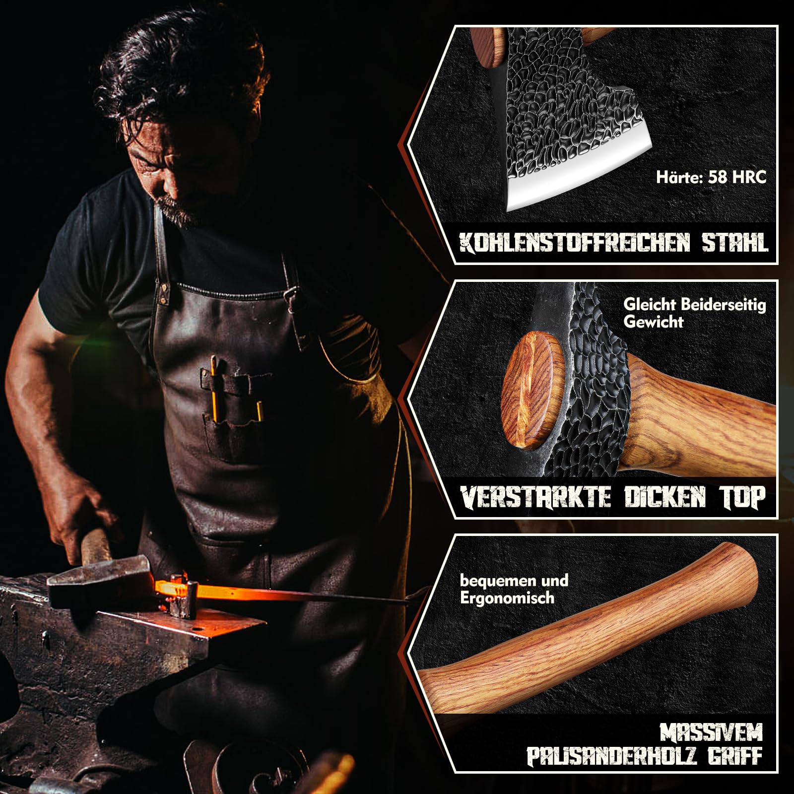 Purple Dragon 2 in1 Beil Axt und Gartenhacke,Axt Holz Spalten Handgeschmiedet Spaltaxt mit Holzgriff,Outdoor Axt Set mit Scheide und Camping Gabel für Garten Wald Survival,Geschenke für Männer