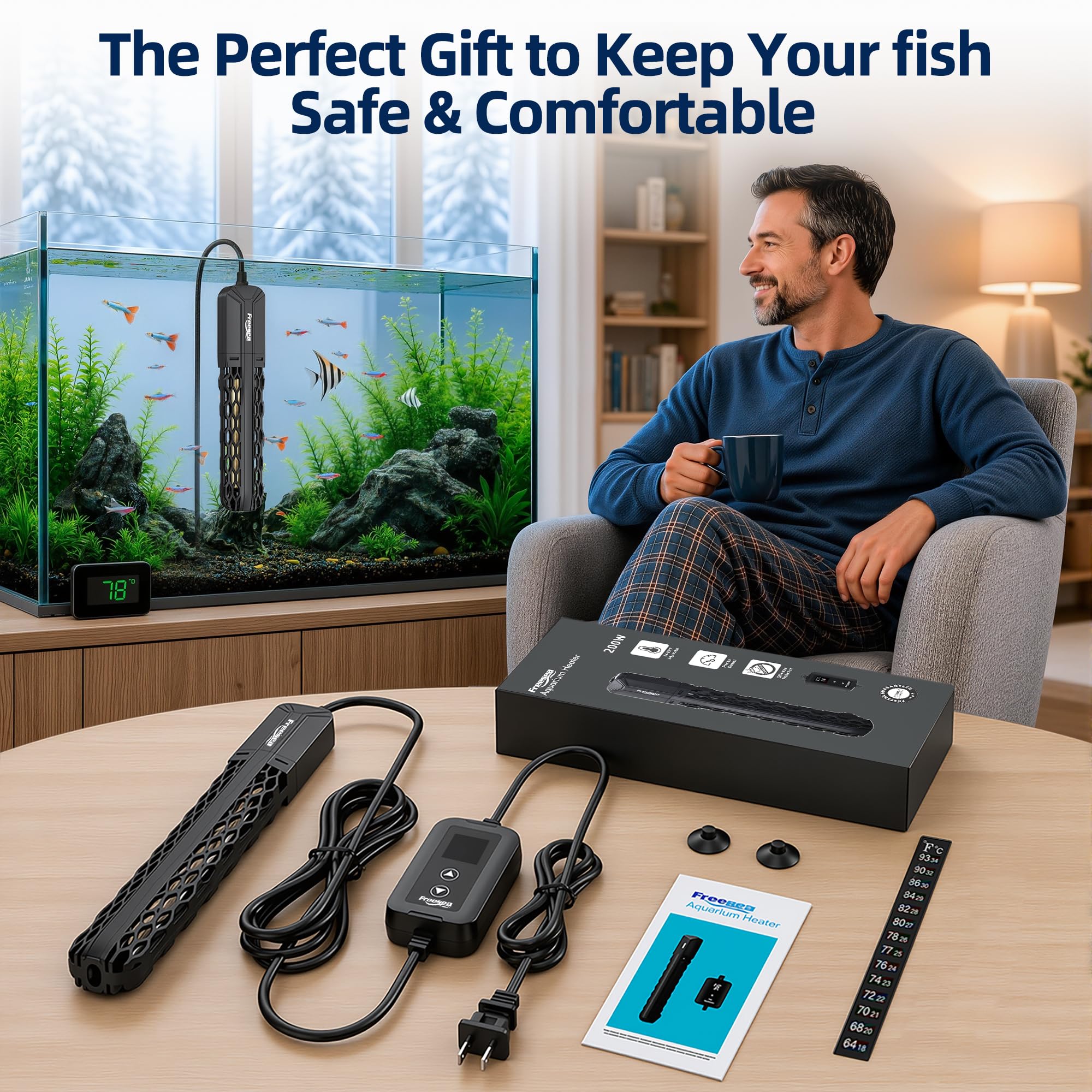 FREESEA Chauffage d'aquarium pour aquarium : 100 W/200 W/300 W/500 W - Chauffage submersible pour aquarium avec protection contre la surchauffe et hors de l'eau pour eau salée et eau douce 20