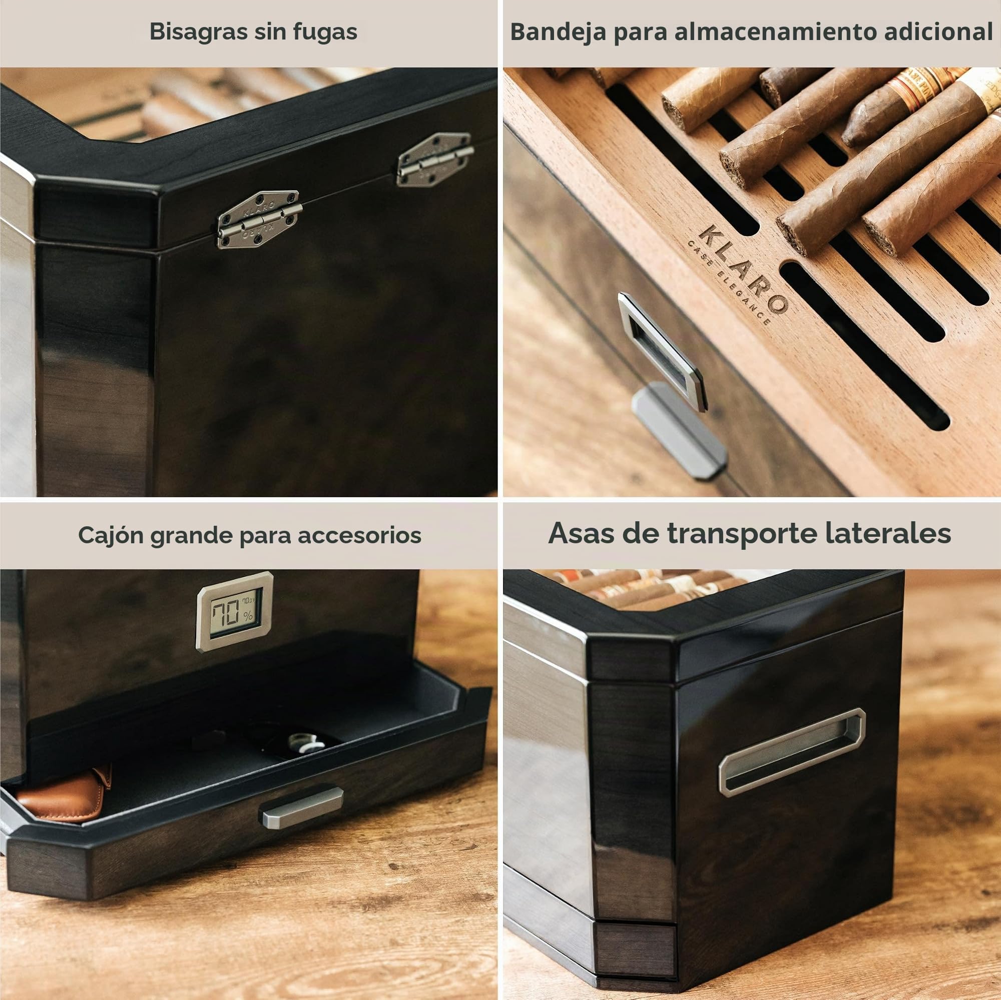 CASE ELEGANCE - Humidor de Cedro Negro octodor con higrómetro Digital, Sistema de humidificación y cajón de Accesorios - Puede Contener (50-100 cigarros)