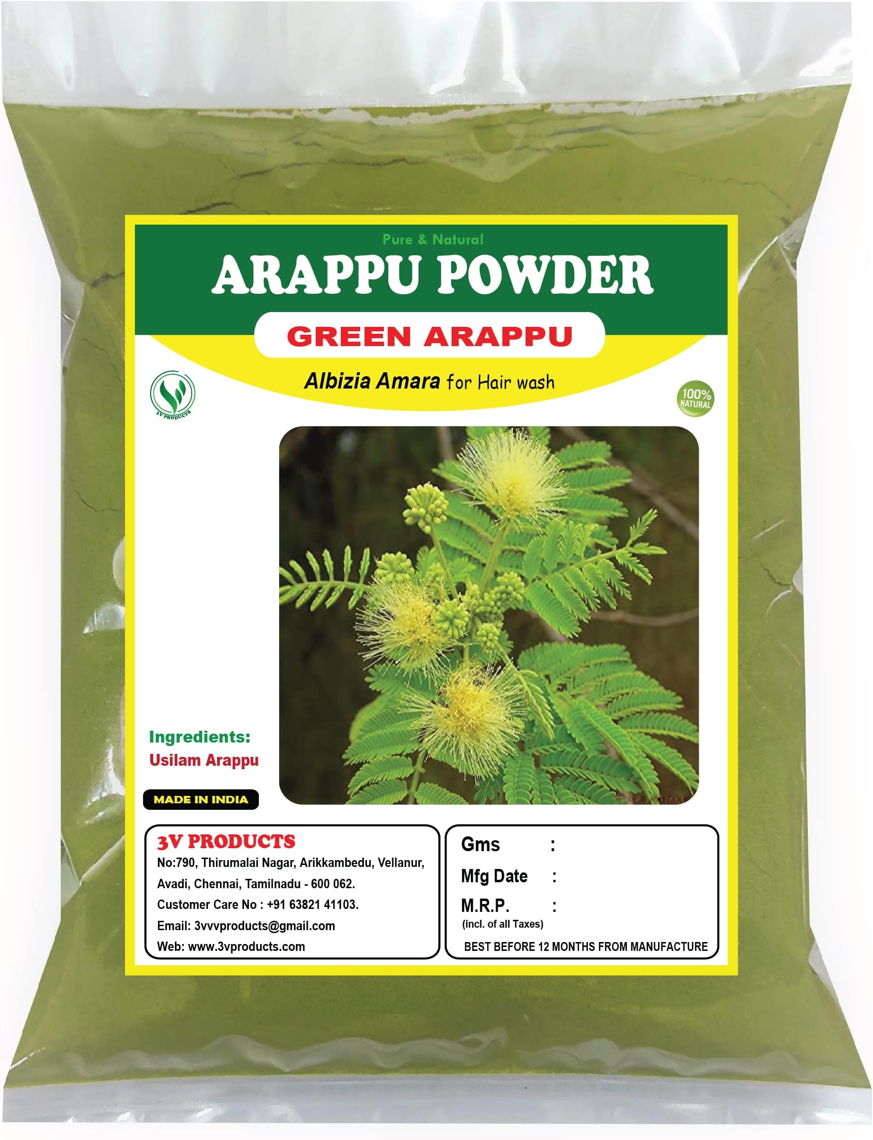 3V PRODUCTS Arappu Powder - Pack of 2x50g - Albizia Amara | Green Arappu | Usilam for Hair wash