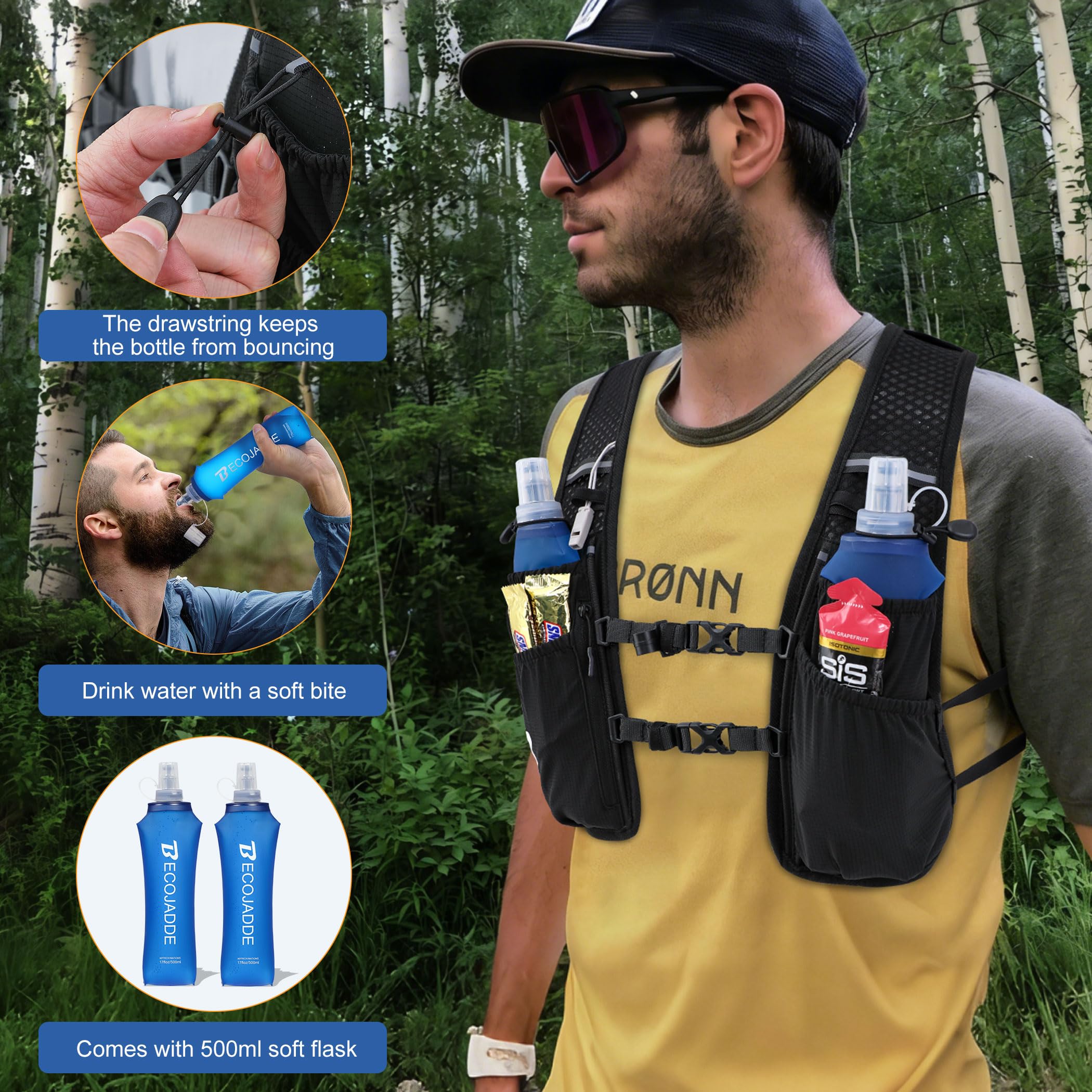 BECOJADDE Gilet da corsa per uomo e donna, zaino da corsa leggero da 5 l, zaino per l'idratazione per maratona, sentiero, ciclismo, escursionismo, jogging