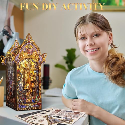 Miniatura 4 de Kit de rincón de libros en miniatura para bricolaje, modelo 3D, juguete de casa de muñecas de madera con luz LED para adultos y adolescentes, mini