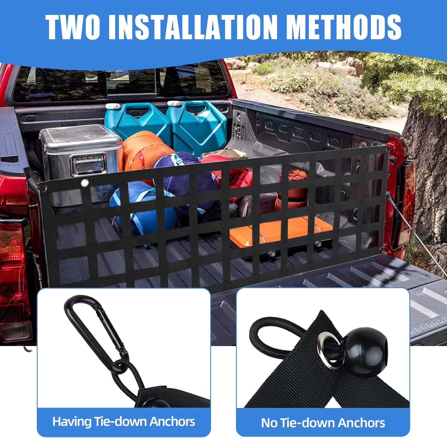 Heavy-Duty Truck Tailgate Cargo Net, 60x18 Inch with Carabiners, Bungee Balls, Universal Tailgate Mesh Net Fit for Pickup Truck, Cargo Netting with Hooks Fit for Chevrolet,Ford,Toyota,GMC,Jeep, Black