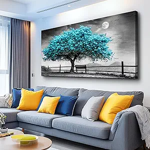 KELIYUAN Blue Tree Of Life Canvas Painting Living Room Office Bedroom Bathroom Wall Decoration Black And White Wall Art Print Modern Natural Tree Art Waterproof Can Be Directly Hung 20x40 In