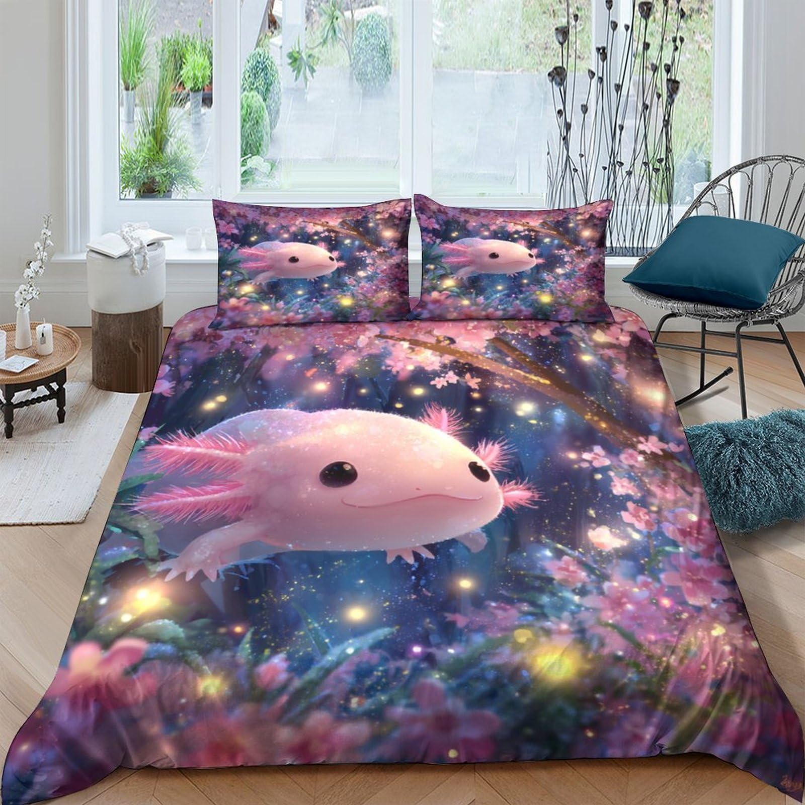 Ctjqhvkz Style-5 3D Printed Fantasy Axolotl Fitted Sheet Microfiber Soft Pink Blue Dream Forest Mattress Cover Bedroom Decor Single（135X200cm）