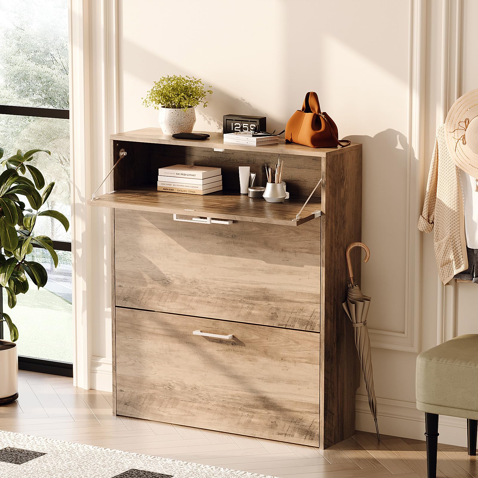 Bonnlo Meuble à Chaussures 2 Portes & 1 Tiroir, Meuble Rangement Chaussures pour 12-16 Paires, Armoire à Chaussures, 80 x 24 x 94 cm, pour Entrée & Couloir (Gris lavé)
