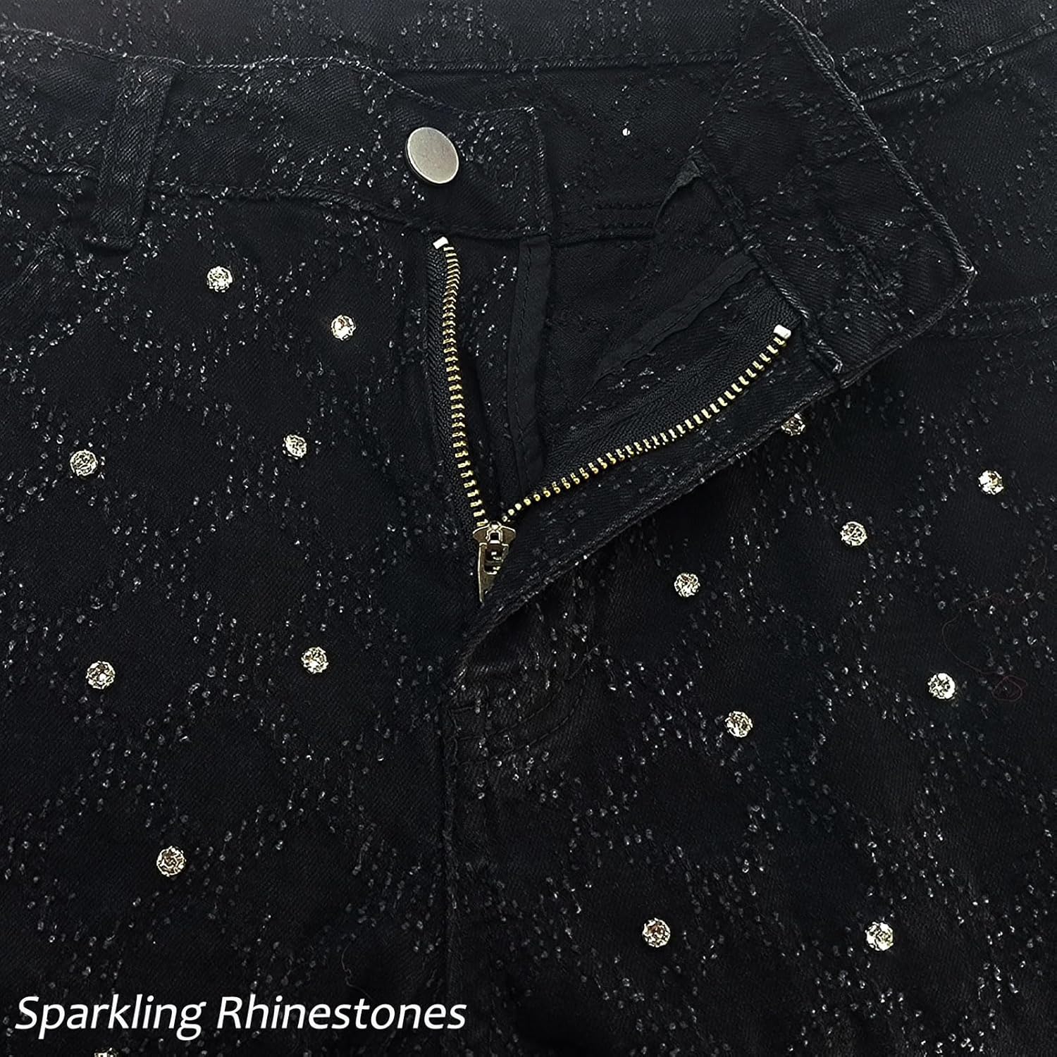 Men's Slim Fit Skinny Stacked Rhinestone Jeans Stretch Fit Stylish Streetwear Causal Y2K Denim Pants - Image 4