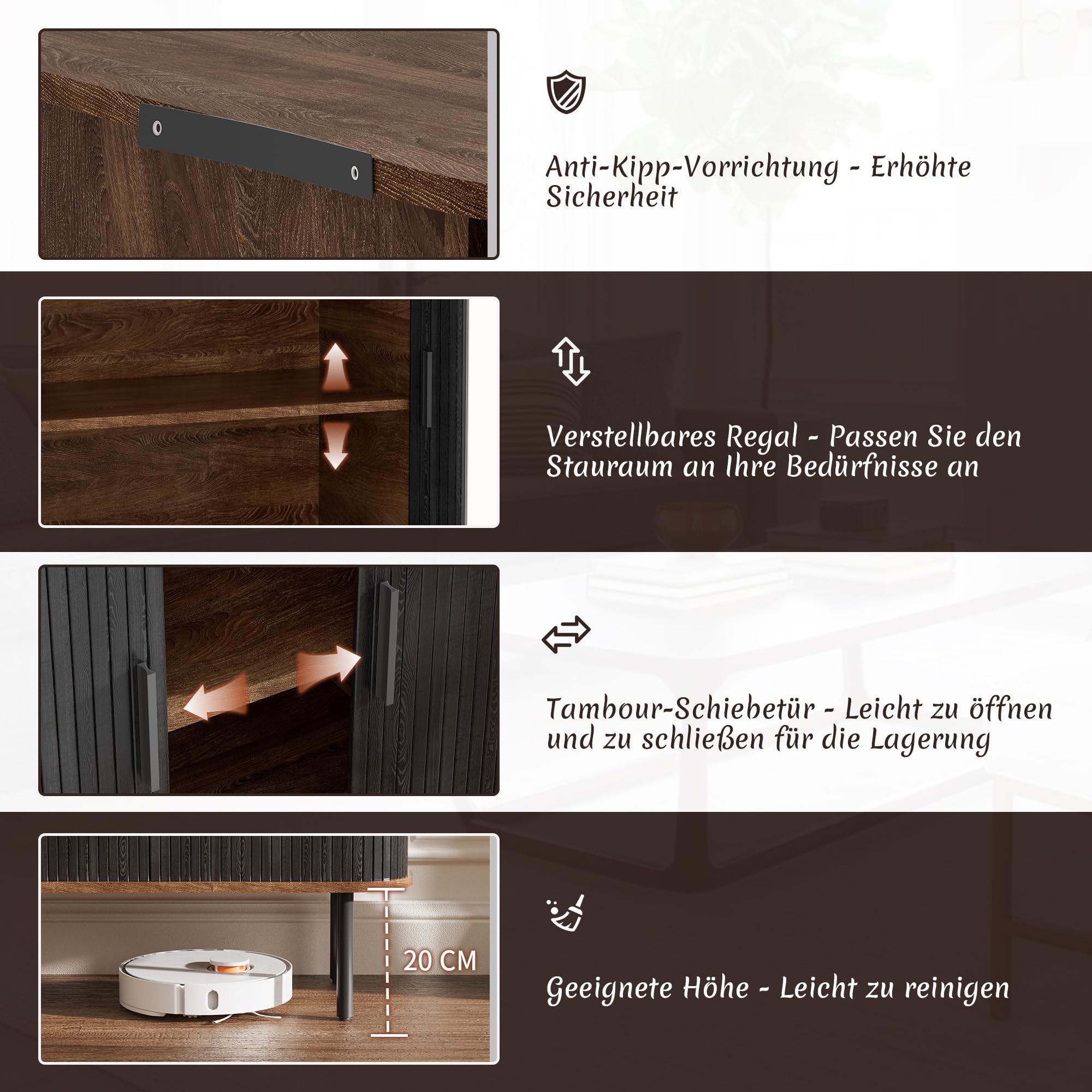 BonVache Sideboard, Buffet-Aufbewahrungsschrank für Wohnzimmer, Küchenschrank mit Tambour Schiebetür, Aufbewahrungseinheit für modernes Zuhause Esszimmer, Schwarz Braun