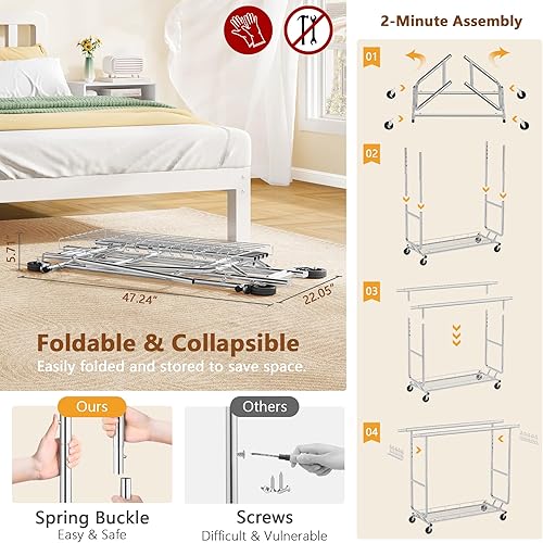 Miniatura 2 de Hoctieon Perchero para ropa de doble varilla, montaje en 2 minutos, estante resistente con ruedas, plegable para uso comercial, barra colgante