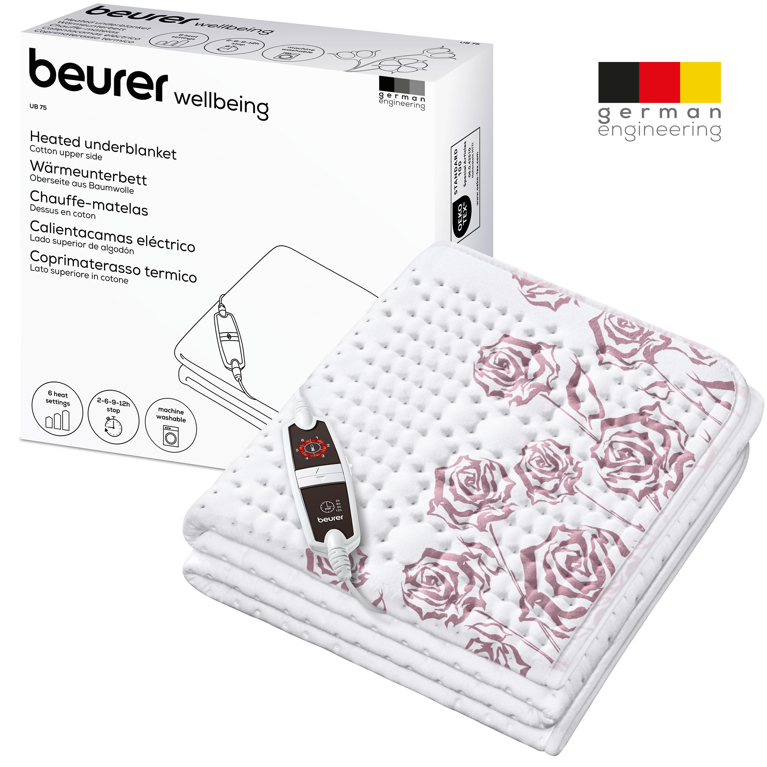 Beurer Colcha térmica UB 75 para cama, acogedora, con 6 niveles de temperatura y calentamiento rápido, manta eléctrica para cama lavable a máquina, blanca, 1 pieza (paquete de 1)
