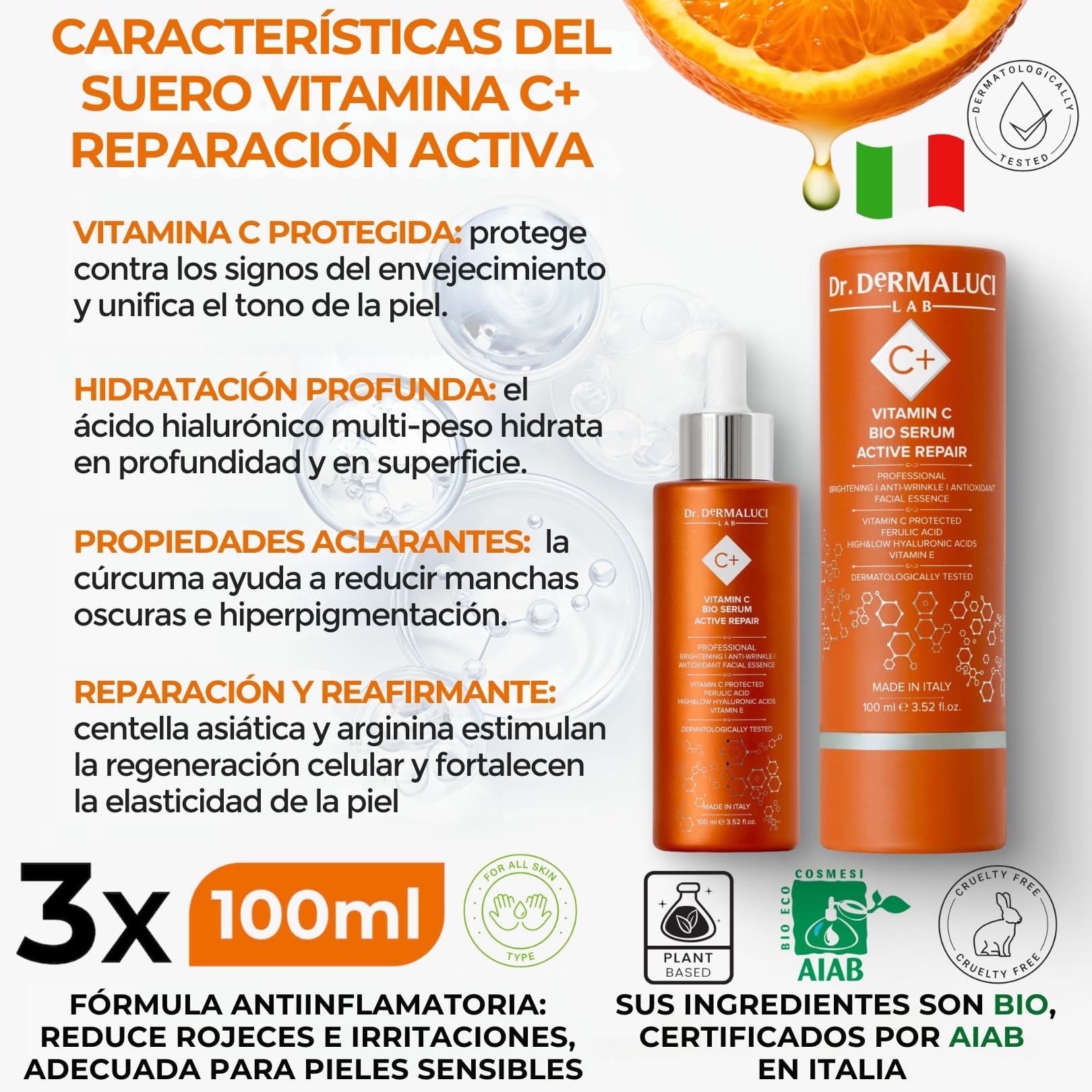 Primer plano del envase del Sérum de Vitamina C de Dr. DERMALUCI LAB, destacando su diseño y volumen.