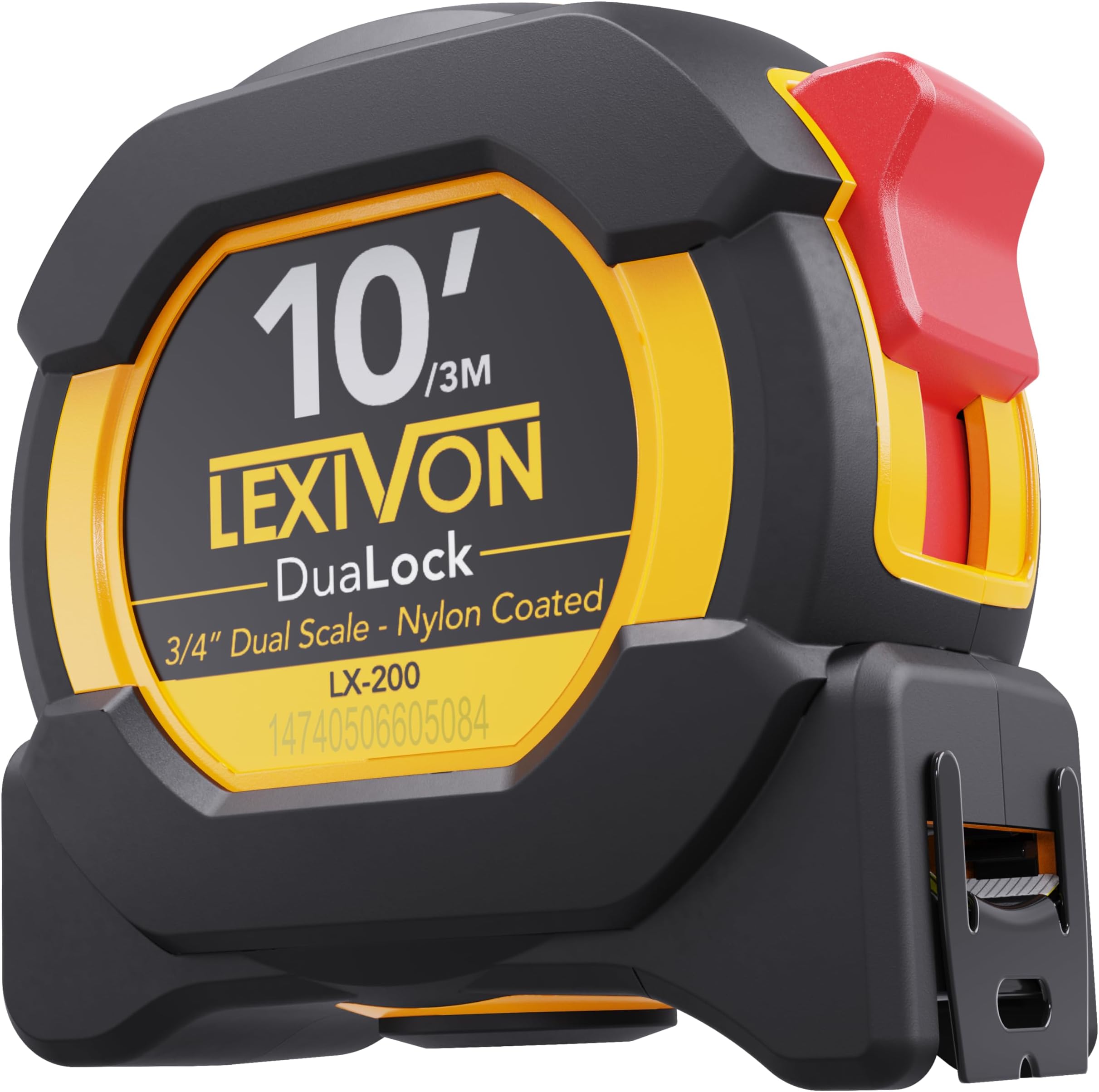10Ft/3m DuaLock Tape Measure | 3/4-Inch Wide Blade with Nylon Coating, Matte Finish White & Yellow Dual Sided Rule Print | Ft/Inch/Fractions/Metric (LX-200)