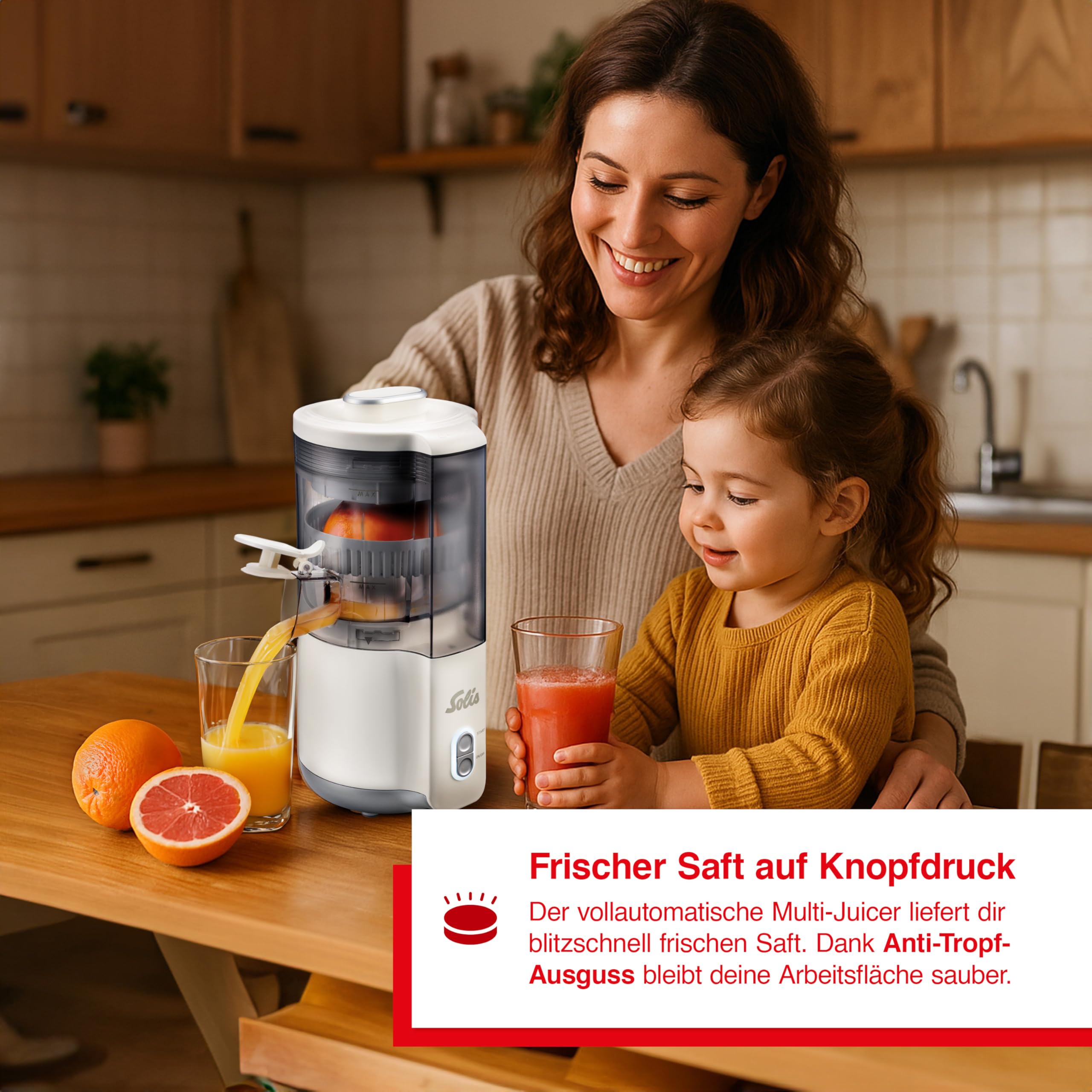 Solis Multi-Juicer – elektrischer Entsafter für Zitrusfrüchte, Äpfel & Melonen – automatische Saftpresse mit 2 Presskegeln – BPA-frei, spülmaschinengeeignet, kompakt – für frischen Vitamingenuss