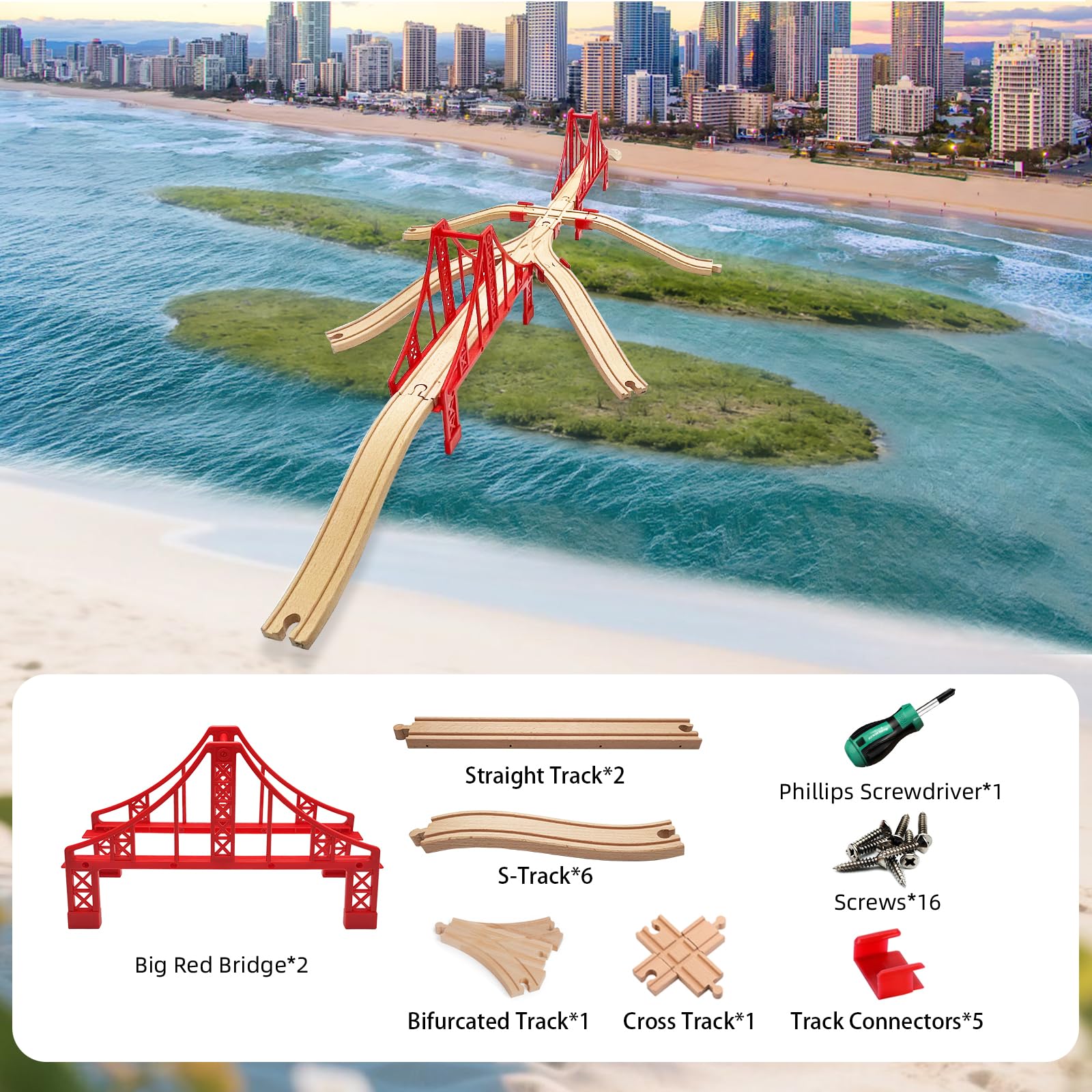 Juego de accesorios de madera para vías de tren, juego de puentes colgantes rojos grandes, compatible con todas las principales marcas, regalo de cumpleaños de Navidad para niños y niñas, paquete de