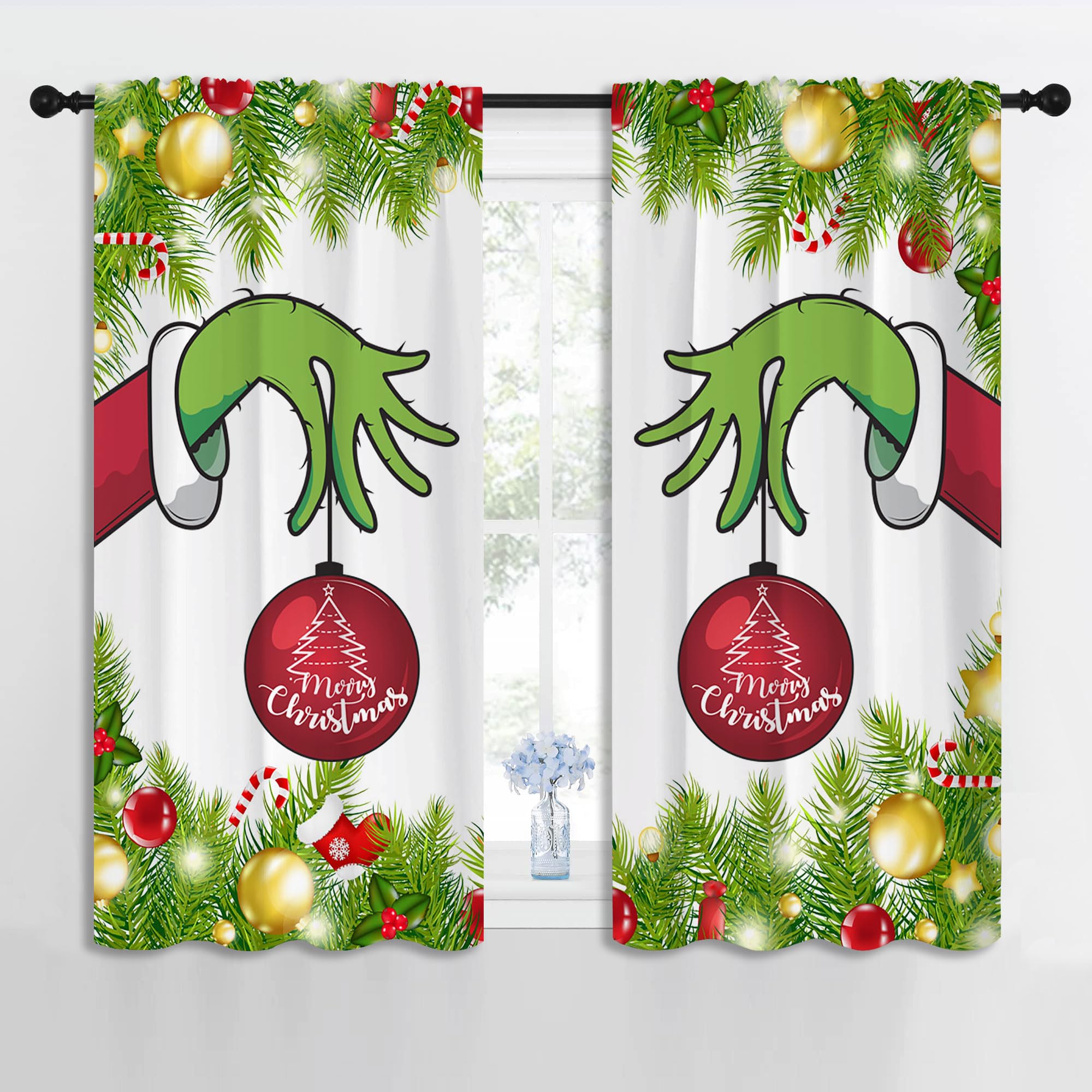 PYMATYTN Merry Christmas Rod Pocket Blackout Curtains for Boy Girl Bedroom, Xmas Fir Twigs Socks and Candy and Balls Light Filtering Window Drapes for Living Room Home Decor Privacy, 42x63 inch