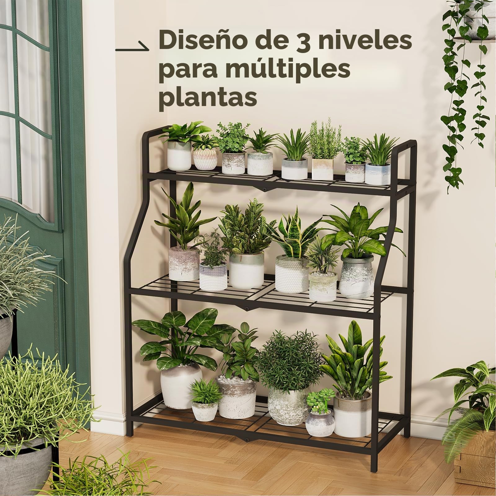 Bamworld Estantería para Plantas de Metal – Soporte para Plantas Interior y Exterior, Estantería Plantas de 3 Niveles, Diseño Resistente para Balcón, Jardín y Hogar