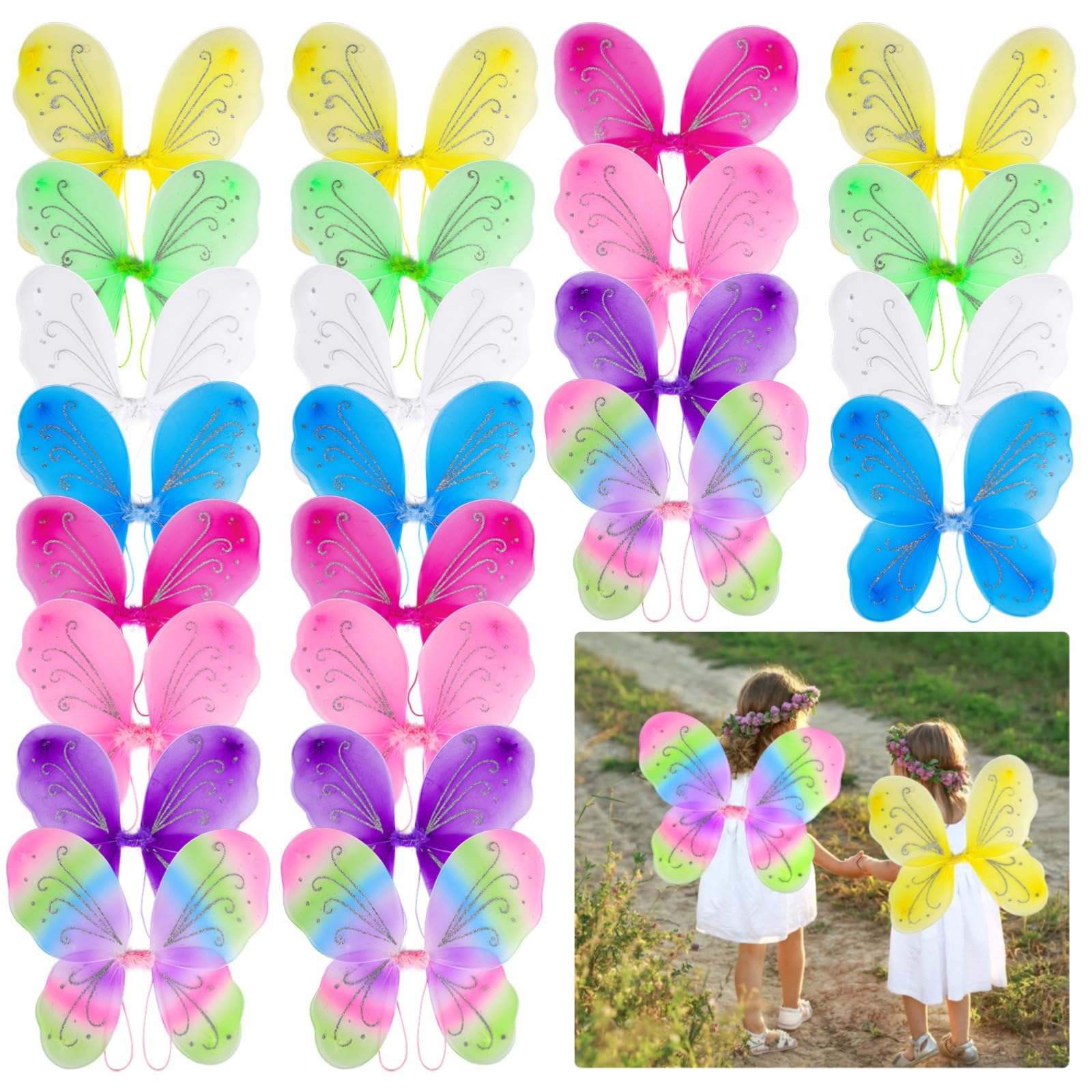 24 Pcs Sparkle Butterfly Fairy Wings, Glitter Princess Costume Accessories, Colorful Party Dress Up Wings with Elastic Straps