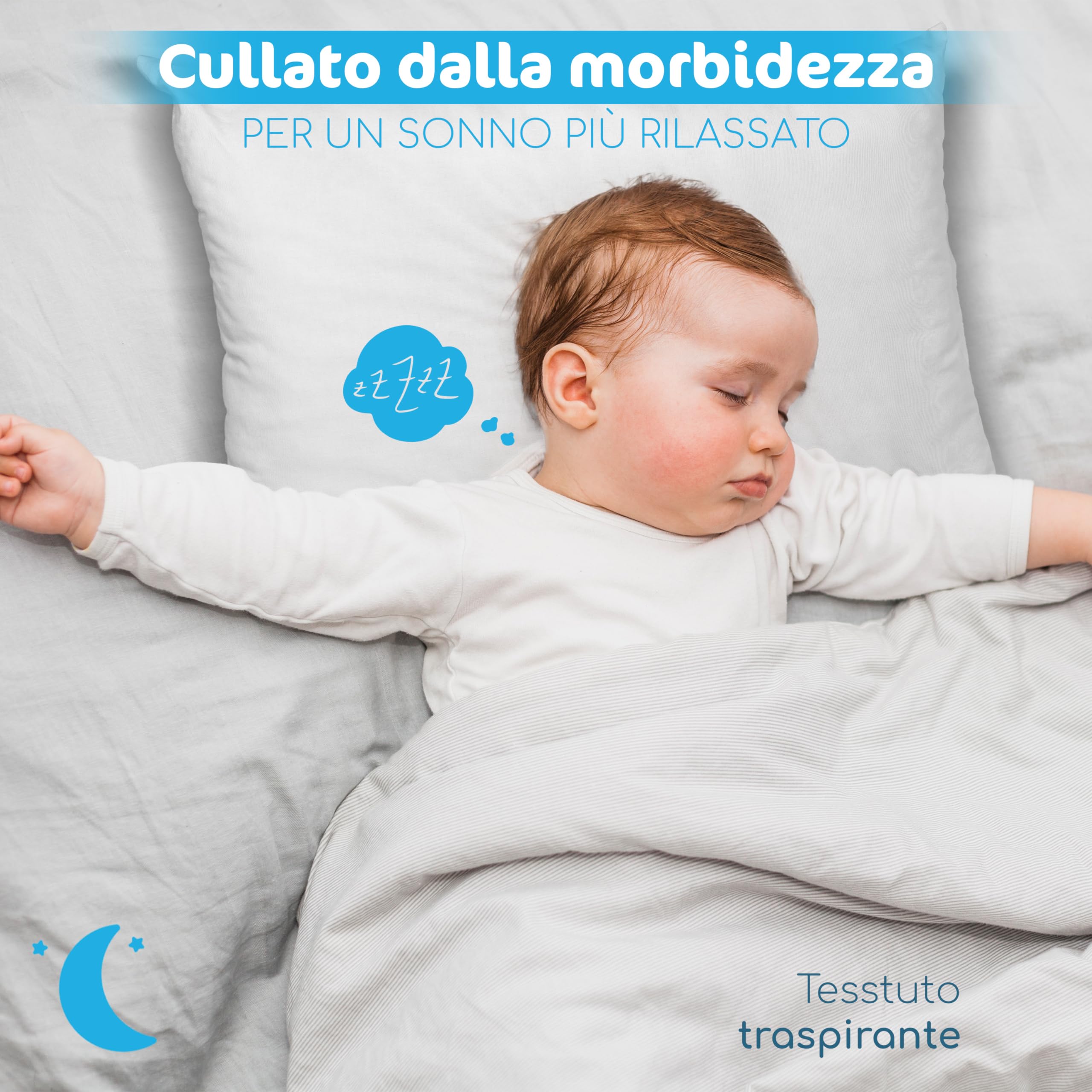 Coussin lit bébé 40 x 60 cm, 100 % fabriqué en Italie et OEKO-TEX®, hypoallergénique et anti-acariens avec revêtement 100 % coton, doux, lavable, sûr, confort et sécurité pour le sommeil de votre