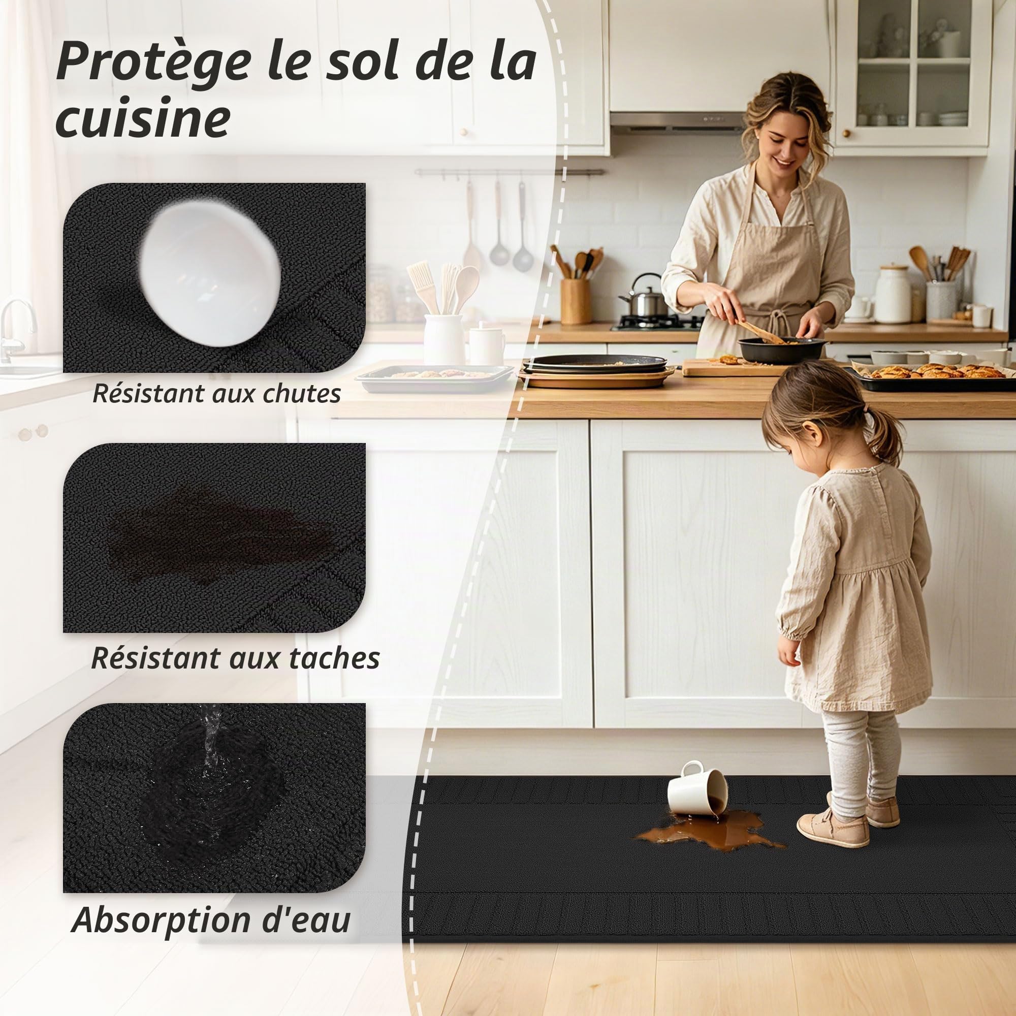 BEQHAUSE Lot de 2 Tapis de Cuisine lavables antidérapants avec Dos antidérapant en TPR (Noir, 50cm*76cm+50cm*120cm)