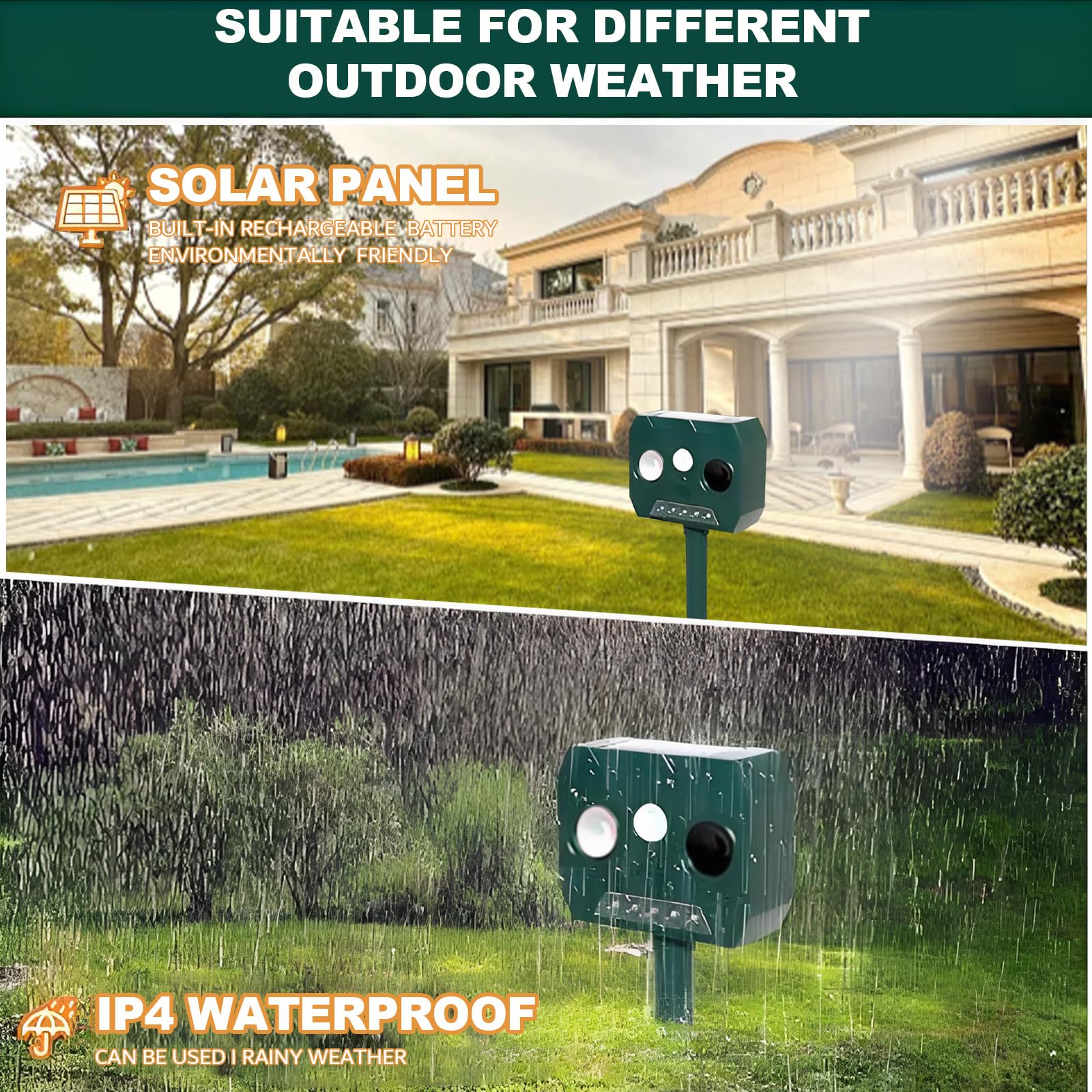 Répulsif Chat Ultrason pour Jardin Solaire Répulsif pour Animaux Etanche avec Lumière LED Repousse Les Renards，Oiseaux，Cerfs，Pigeons，Ratons Laveurs，Taupes et Les Blaireaux. (A)