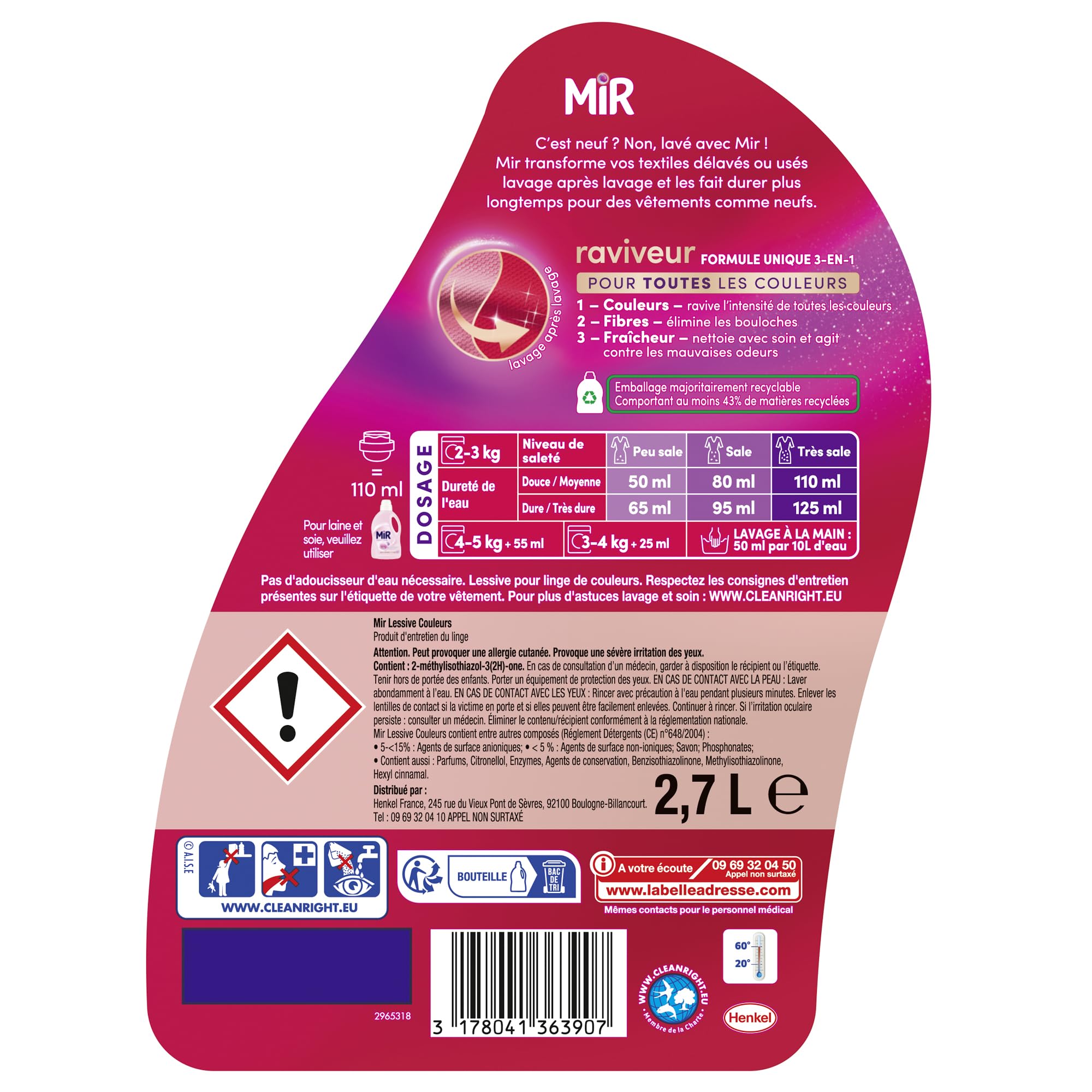 MIR, Lessive Liquide Couleurs, Main & Machine, Raviveur, Formule Unique 3en1, Fraicheur, Fibres, Anti Bouloche, Nettoie avec Soin, 54 Lavages