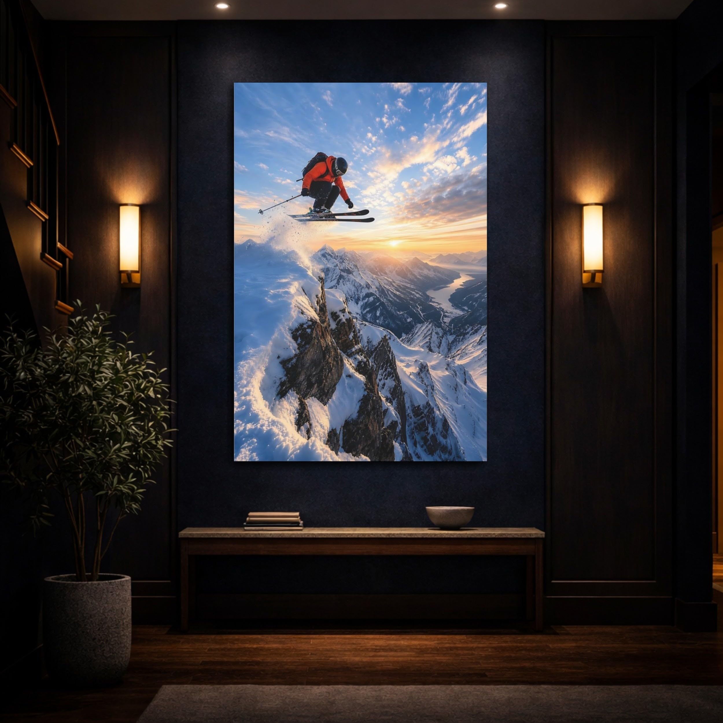 Sports Skier Orange And Blue Canvas Print – Living Room, Above Fireplace 32×48 inch (80×120 cm) - Vertical / 1.25 inch (3 cm)